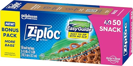 Ziploc Snack Bags – 50 Count, EasyGuide Texture, Grip ‘N Seal Closure