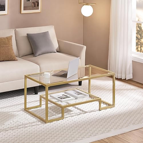 Miniatura 2 de Yaheetech Mesa de Café Dorada, Mesa de Centro de Vidrio Rectangular de 42" para Sala de Estar, Mesas de Té de 2 Niveles con Marco de Metal para