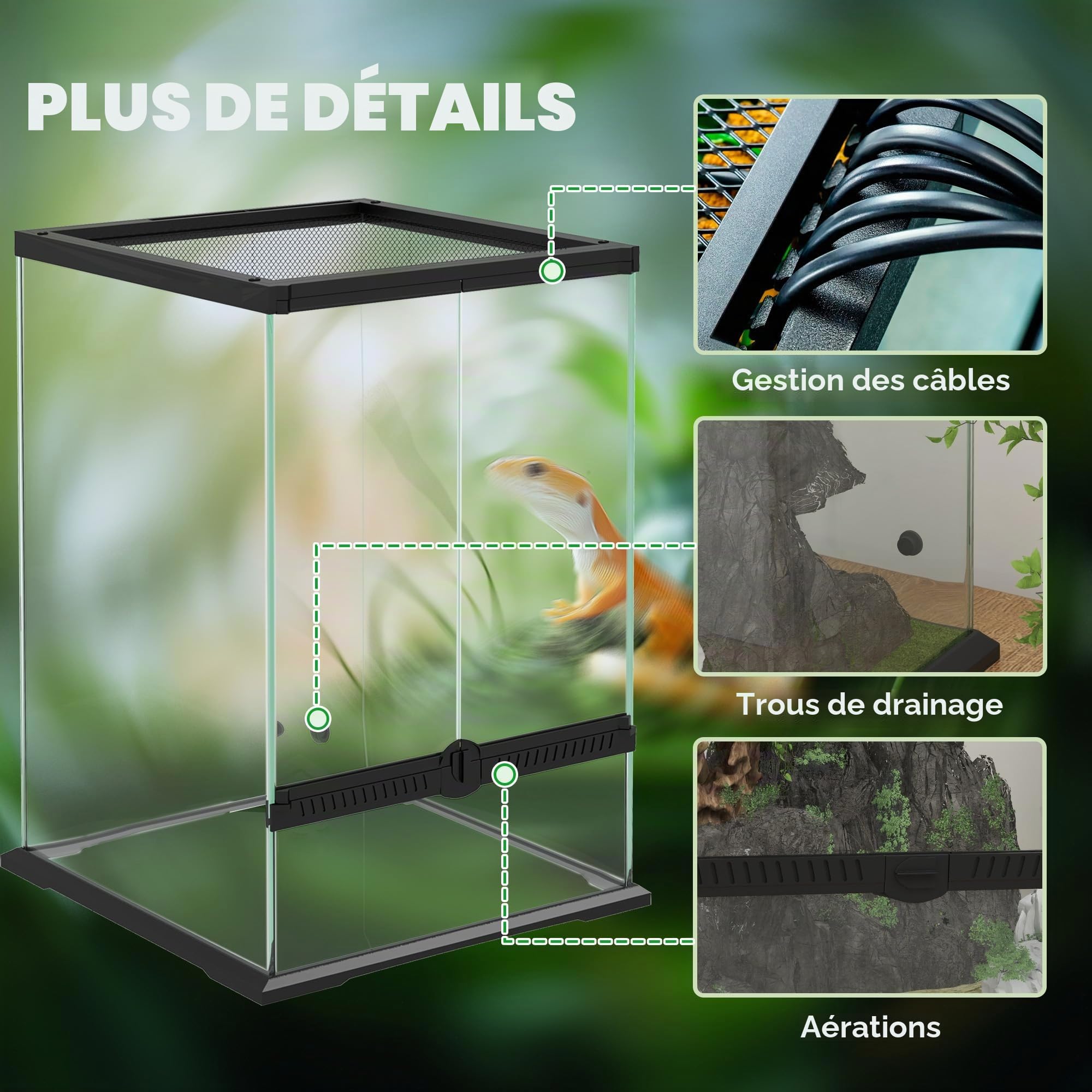 PawHut Terrarium en Verre pour Reptiles, Ventilation, 30x30x45 cm