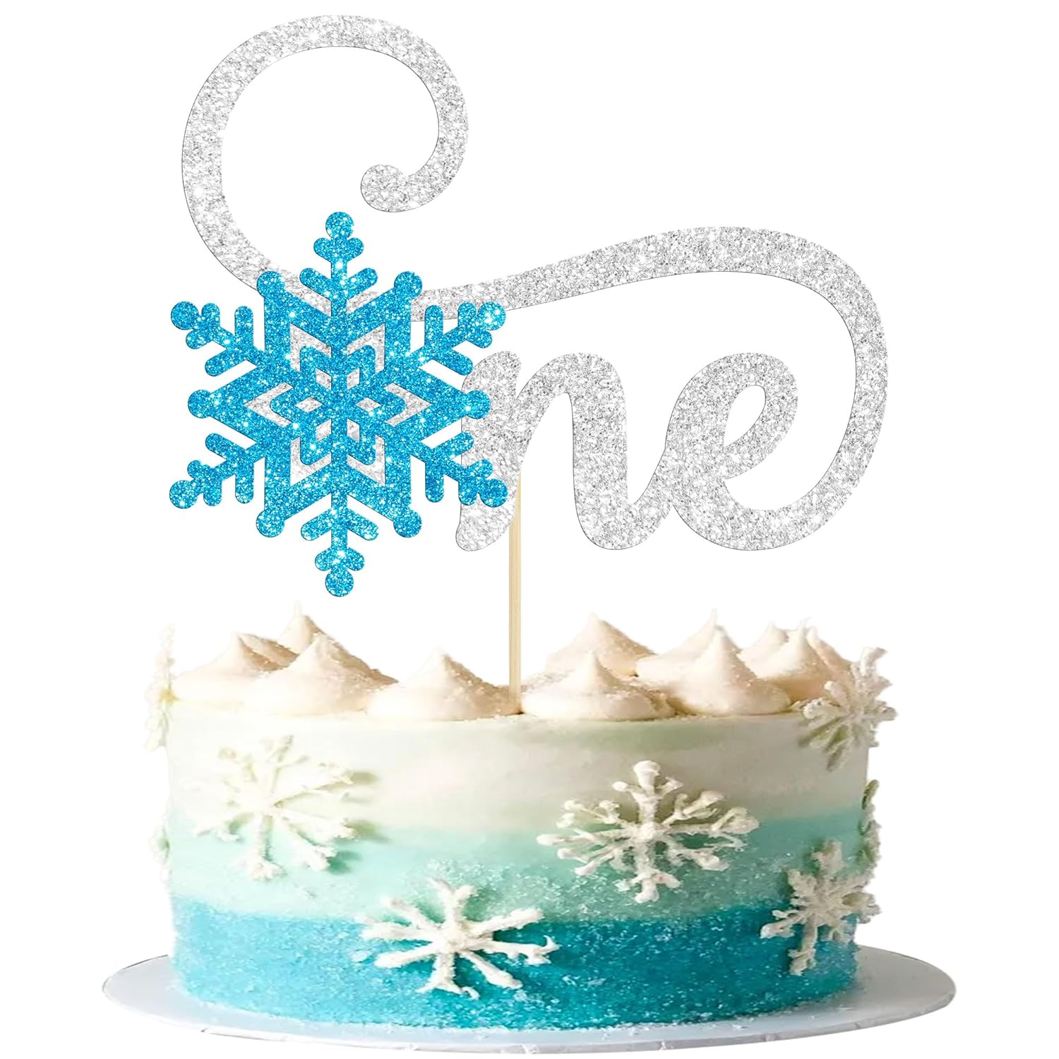 Gyufise Snowflake One Cake Topper Silver Blue Winter Onederland 1st Birthday Boy Cake Decoration for Winter Frozen Theme Party Supplies (1 Pack)