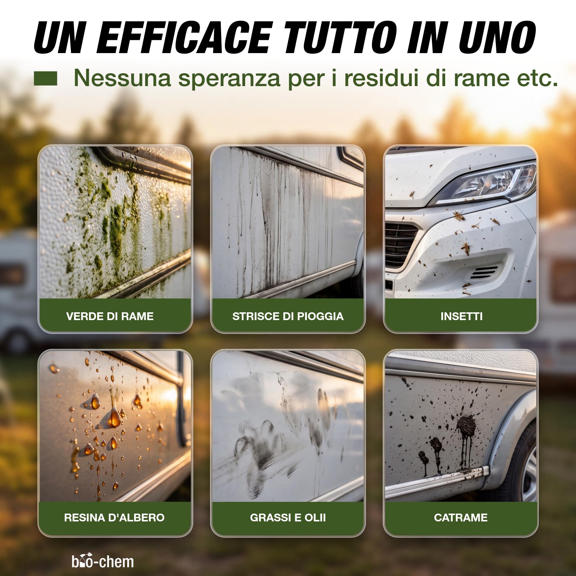 bio-chem - Prodotto per la Pulizia di roulotte e Camper 1L + spruzzatore di Schiuma 1,5L - Detergente per Caravan, Tende da Sole - Manutenzione dei Veicoli da Campeggio
