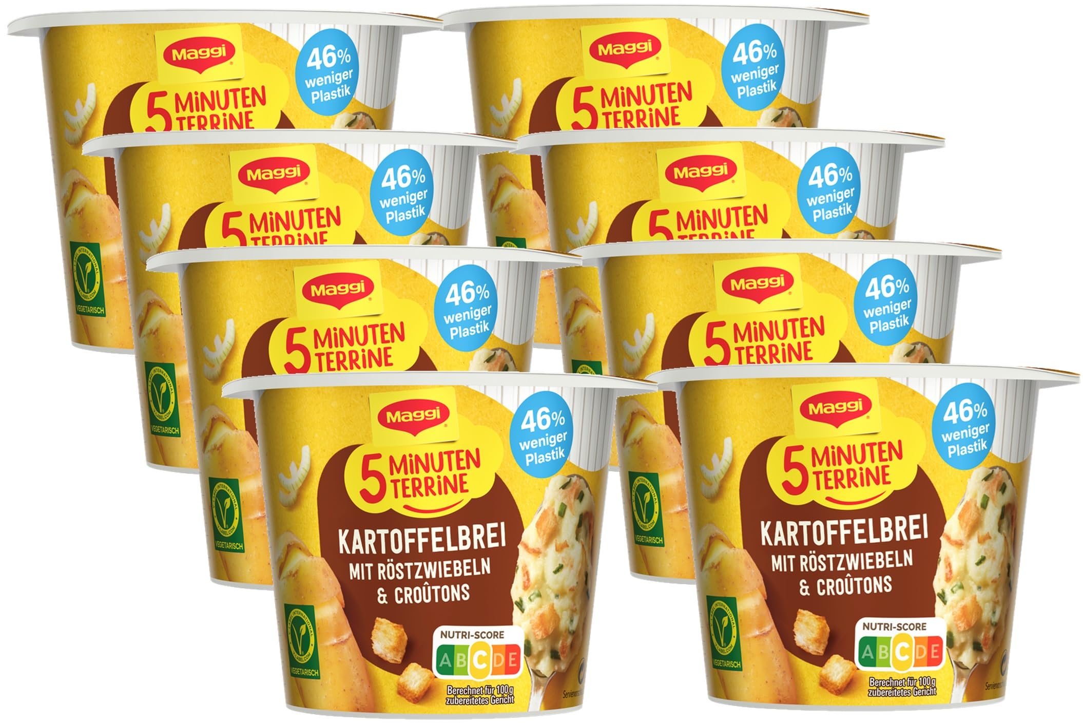 MAGGI 5 Minuten Terrine Kartoffelbrei mit Röstzwiebeln und Croutons, leckeres Fertiggericht, Instant Kartoffel-Püree, herzhafter Kartoffel-Snack, 8er Pack (8 x 56g)