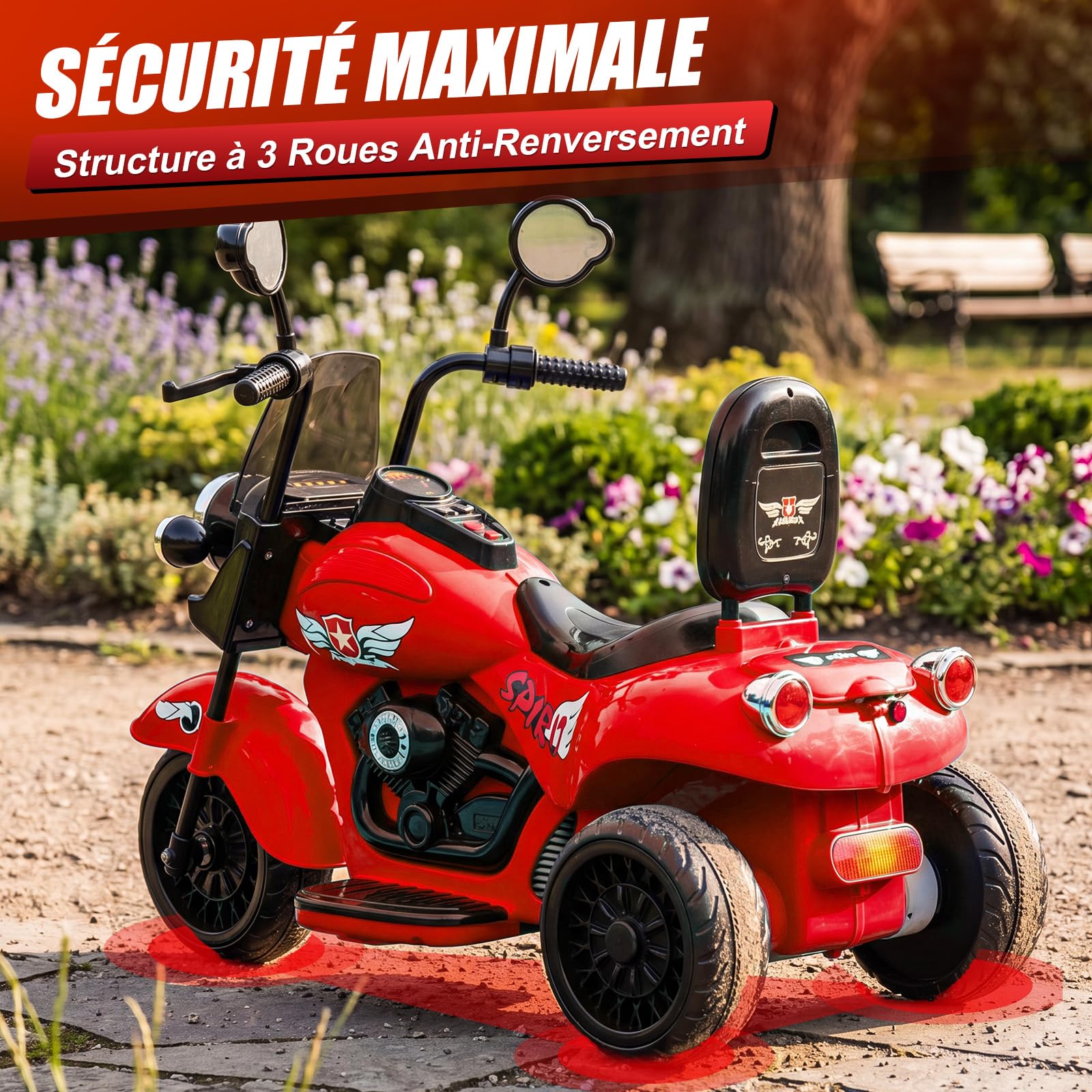 Garvee Moto Électrique Enfants 12V 3 Roues 2 Moteur Scooter pour 3 à 6 Ans