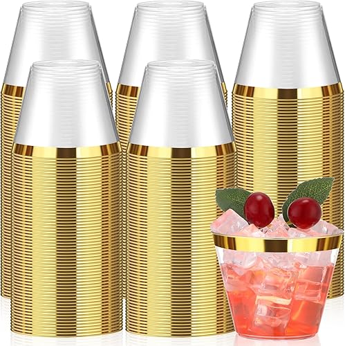 Lounsweer 100 vasos de plástico con borde de 9 onzas, vasos transparentes para boda, copas de vino desechables resistentes, vasos de plástico para