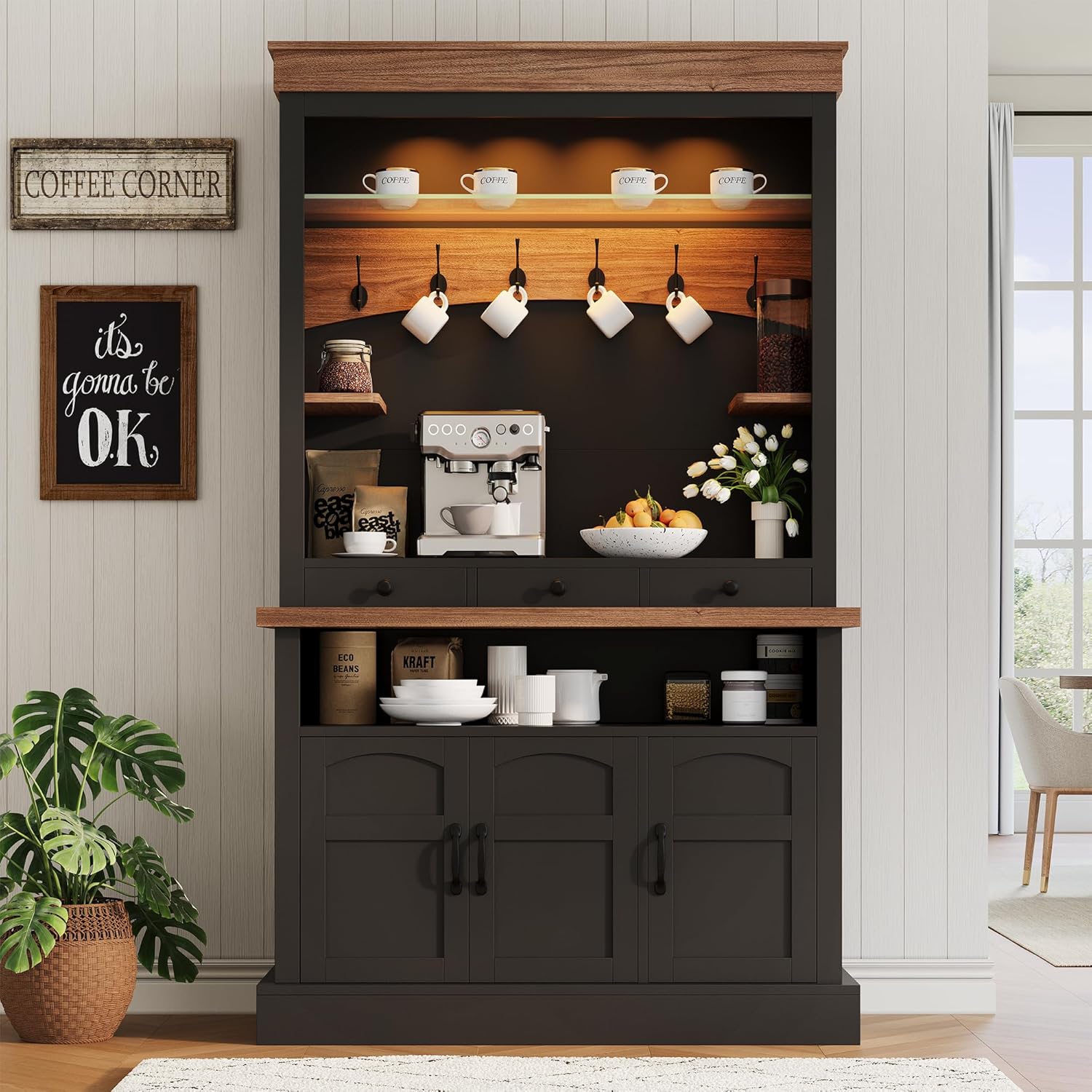 Coffee Bar Cabinet with LED Light, 72 in Tall Farmhouse Coffee Bar Hutch with Storage, Sideboard Buffet Cabinet with Microwave Stand/Glass Shelf/6 Hooks/3 Drawers for Kitchen Living Dining Room, Black