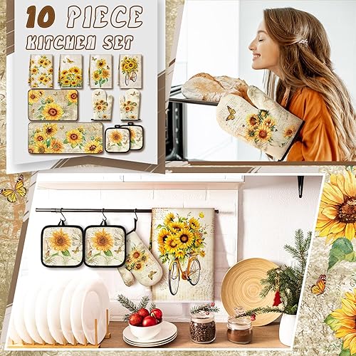 Miniatura 2 de Juego de 10 toallas de cocina de girasol, guantes de horno y soportes para ollas, juego de decoración de cocina de granja para mujeres, mamá, hija,
