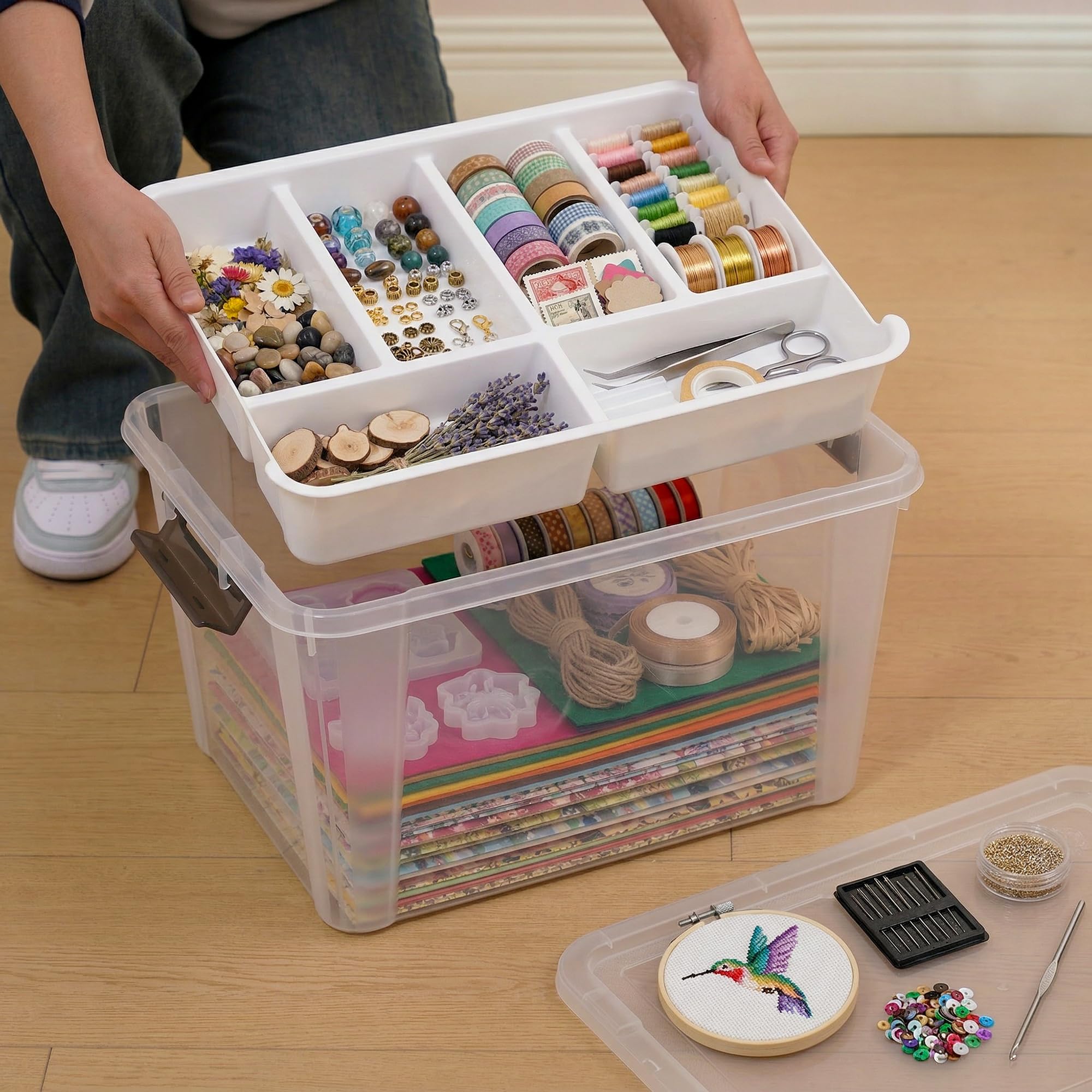 30L Aufbewahrungsboxen für Klemmbausteinen mit Deckel, Multifunktionale Kisten mit Abnehmbarem Tablett, Stabile Plastikbox, Bastelaufbewahrungs box für Organisation von Werkzeug, Handwerk, Wollgarn