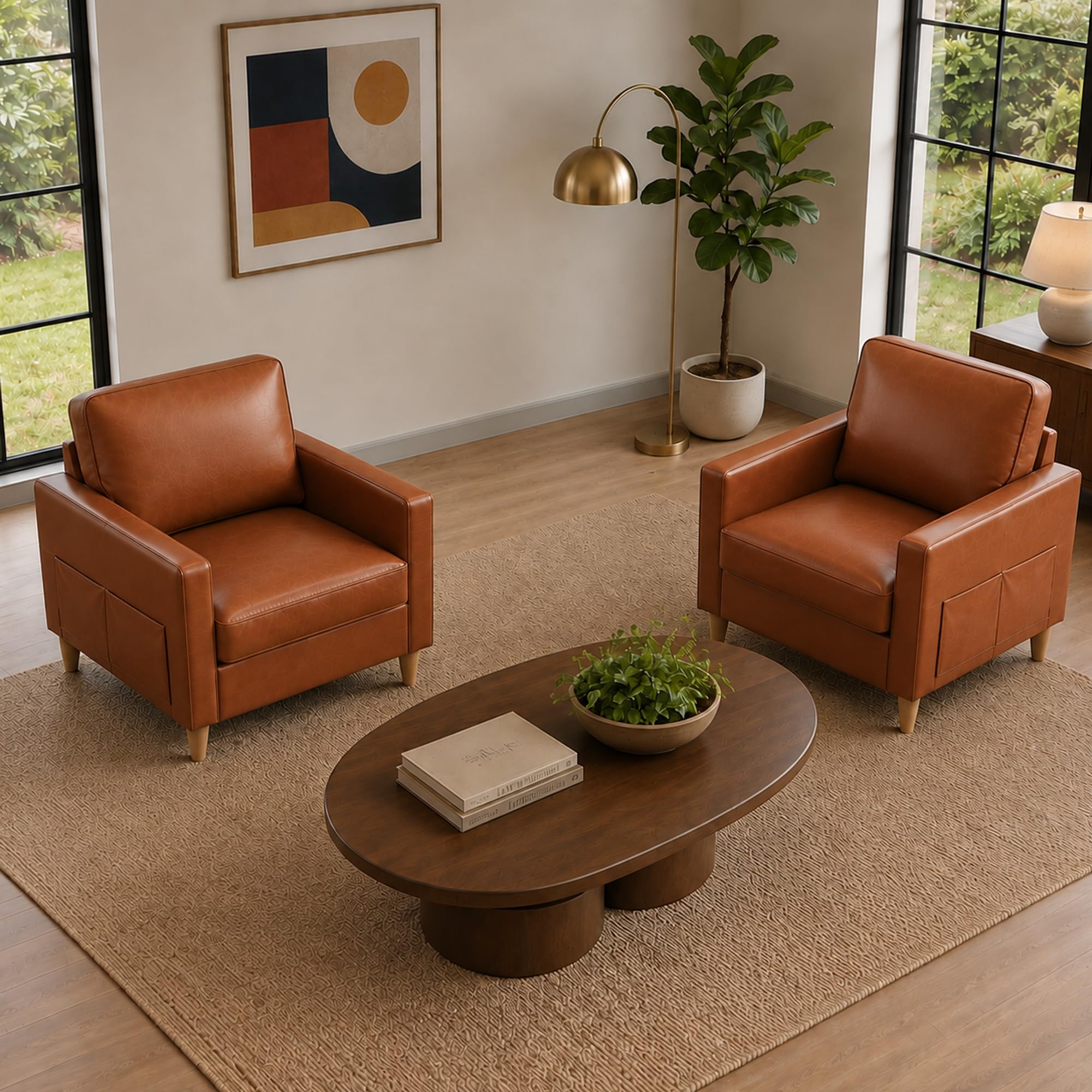Accent Chair Set of 2, Living Room Chairs, Faux Leather Reading Armchair