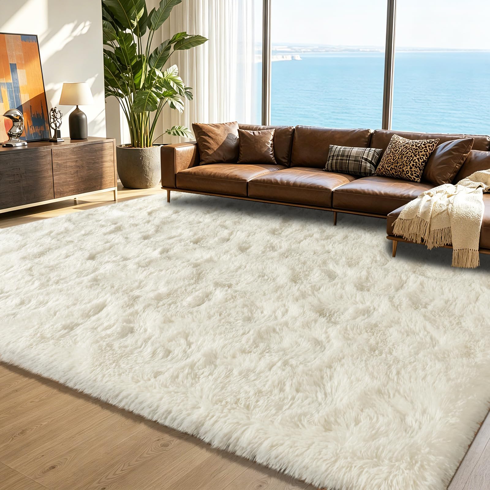 Hochflor Teppich Wohnzimmer Groß 160x230cm Flauschig Creme | Anti-Rutsch Unterseite Weich Teppiche Waschbarer Modern Shag Carpet Matte für Kinderzimmer Schlafzimmer