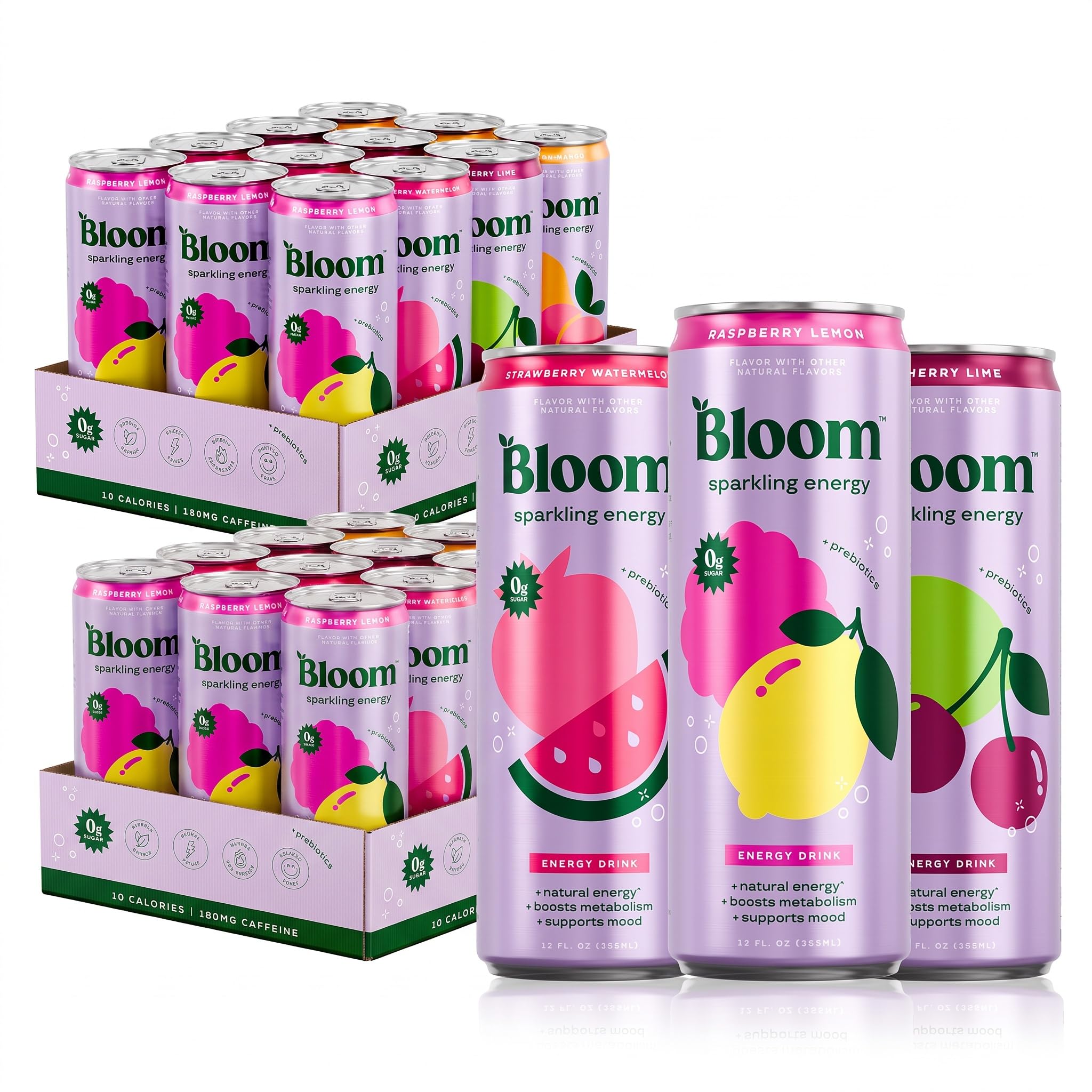 Bloom Nutrition Sparkling Energy Drink, Variety Pack | Zero Sugar | 180mg Caffeine | Antioxidant-Rich | 24 Pack Variety Pack (4 Flavors) 12 Fl Oz (Pack of 24)