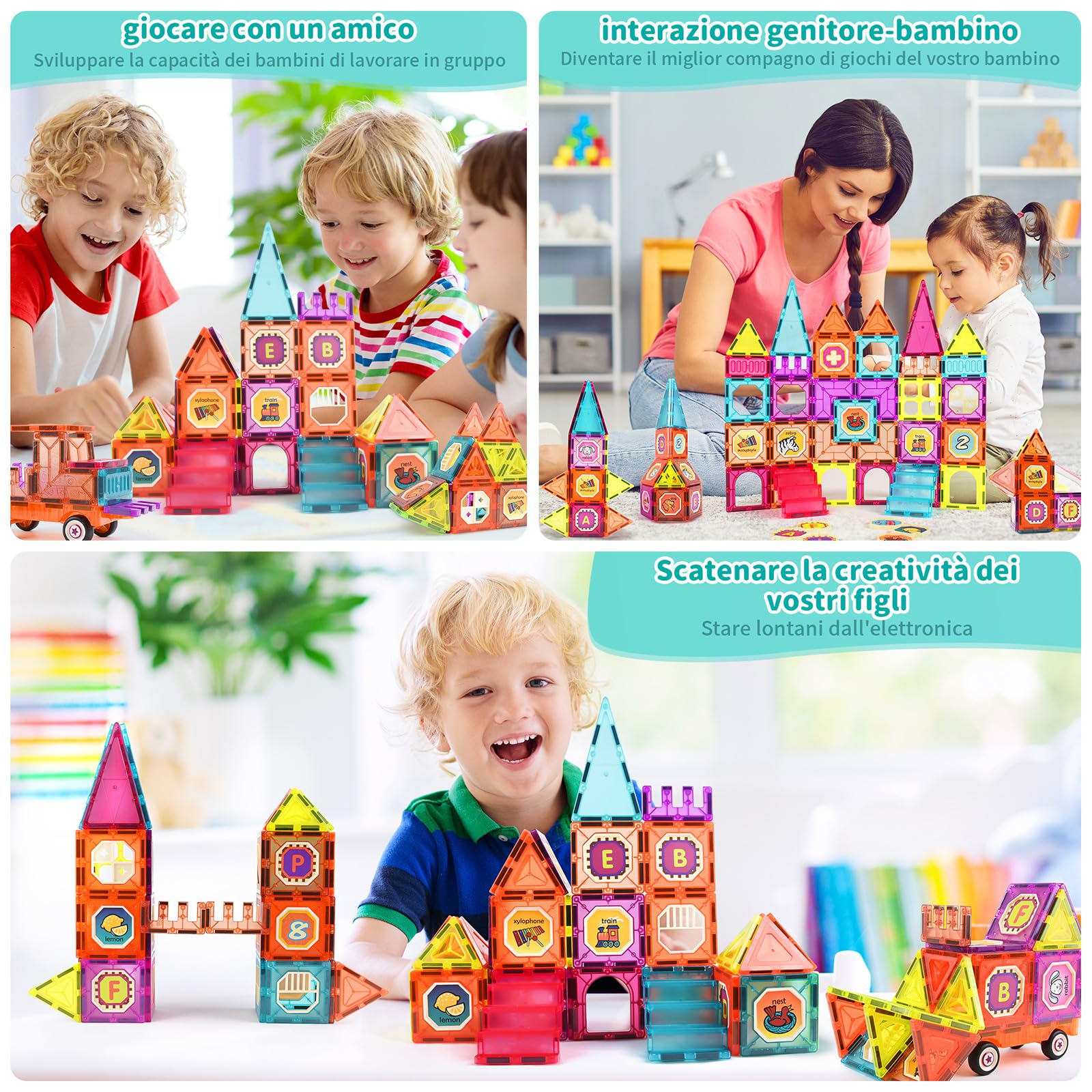 Gavgroom Costruzioni Magnetiche 80 Pezzi Colorati Costruzioni per Bambini 3 Anni Magneti Bambini con 1 Auto Tessere Magnetiche per Bambini da 3 4 5 6 7 8
