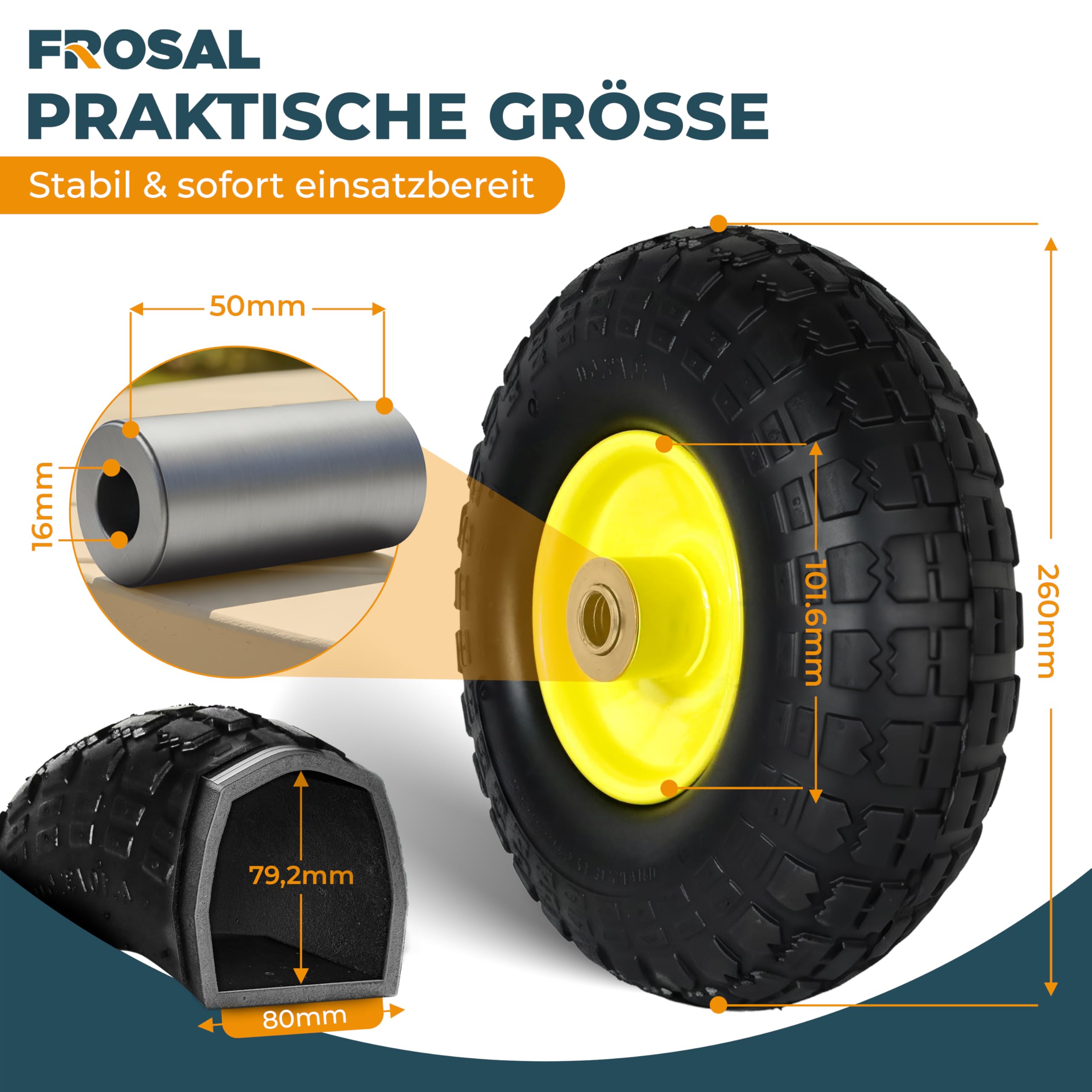 FROSAL Ersatzrad 4.10/3.50-4 (260×85) – 4 Stück – Luftreifen mit Kugellager – Nabenlänge 50 mm – Achse Ø 16 mm – gelbe Stahlfelge – mit praktischem Autoventil – für Bollerwagen & Sackkarren