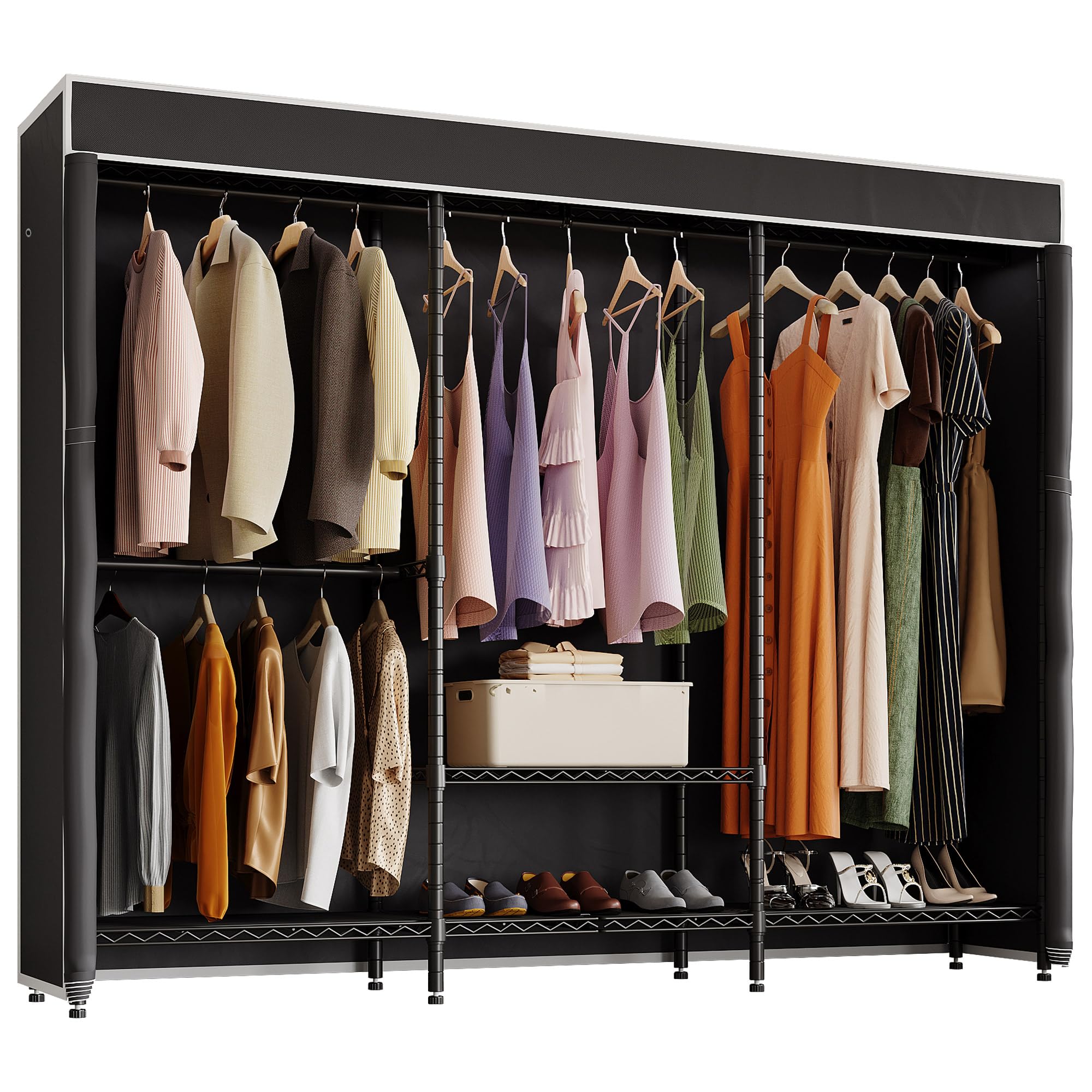 H8 Garment Rack with Cover, Portable Closet for Hanging Clothes, Heavy Duty Clothes Rack Wardrobe Closet Organizer and Storage, Black Clothing Rack Shelf with Black Fabric Cover