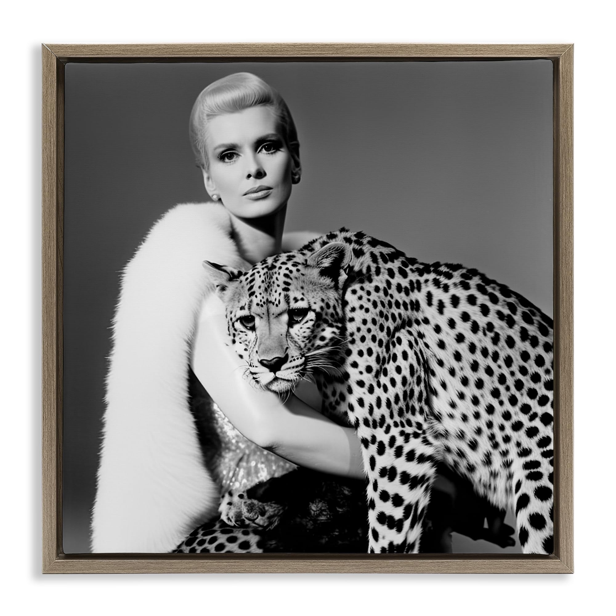 Stupell Industries Cat Woman Cheetah Portrait Brown Framed Floater Canvas Wall Art, design by Sasha, 18 x 18