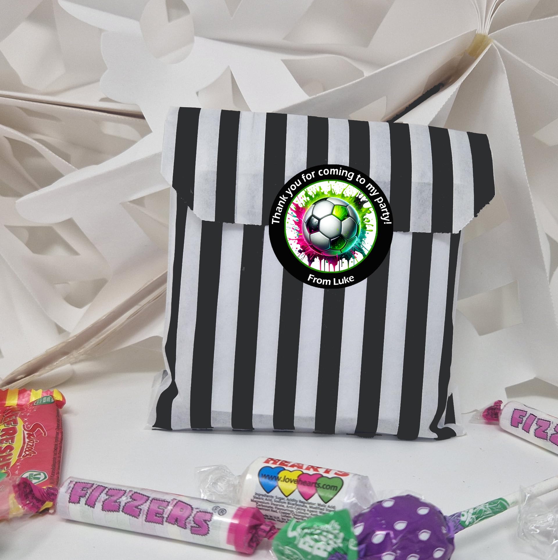 Treasured Forever Limited Black Personalised Football Party Stickers X 24 (45Mm) Round Labels For Party Bags, Favours Or Sweet Cones – Football Themed Birthday Decoration - 24 Stickers With 24 Empty Bags