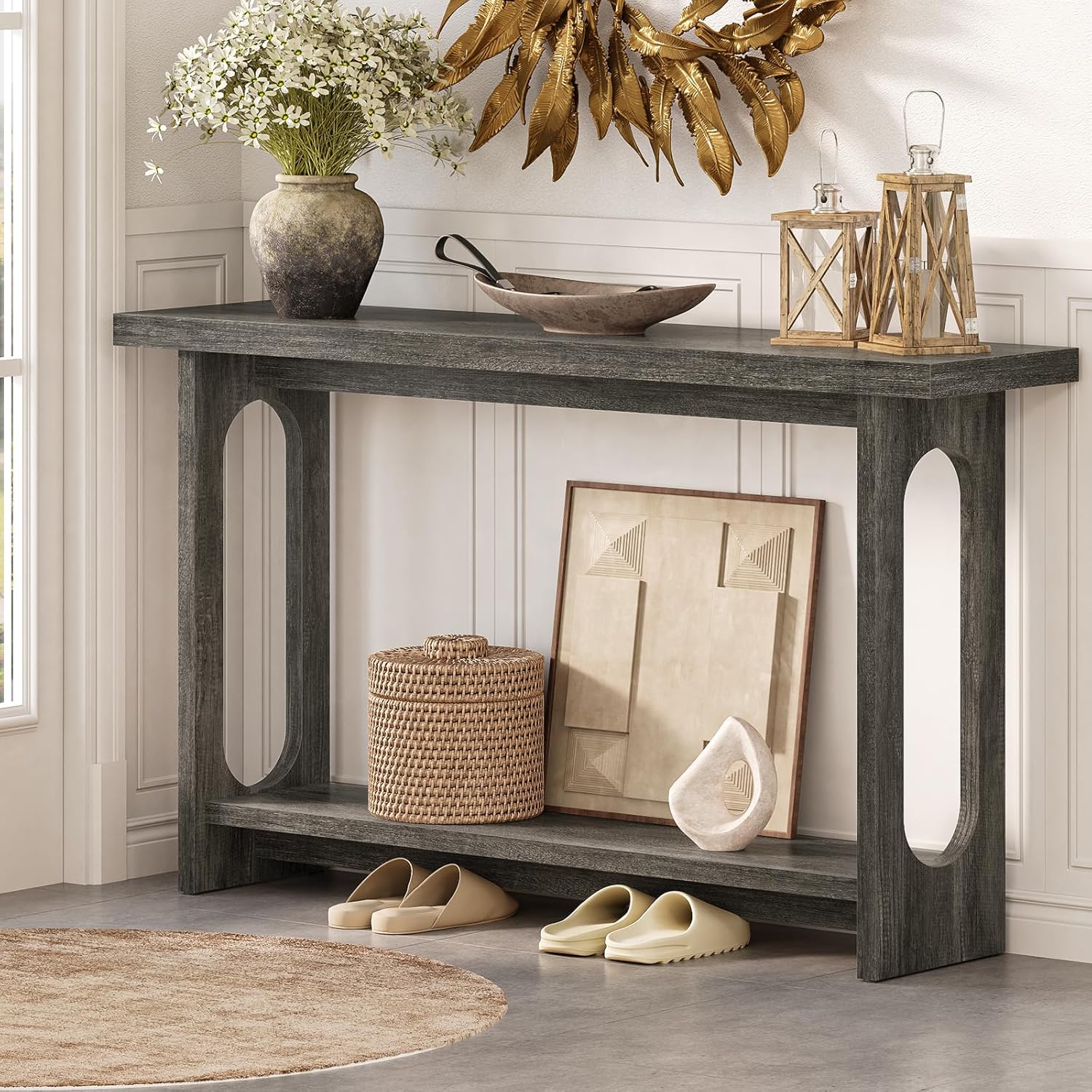 Entryway Console Table, 55" Wood Grey Console Table Narrow Sofa Tables with Storage Hallway Foyer Tables for Entryway, Living Room, Hallway