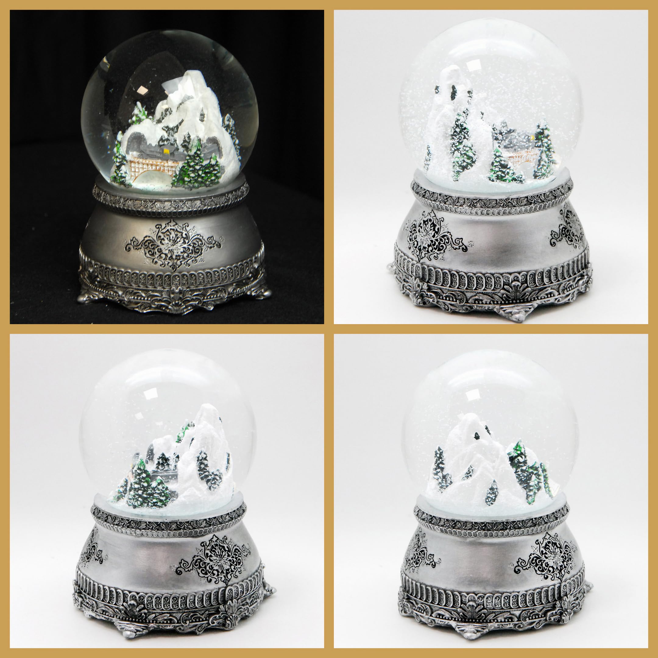 Schneekugel Berglandschaft mit Brücke | Sockel Zinnoptik Ornamente | mit Spieluhr | Schüttelkugel Weihnachtsdekoration | B: 10 cm H: 14 cm | 20255