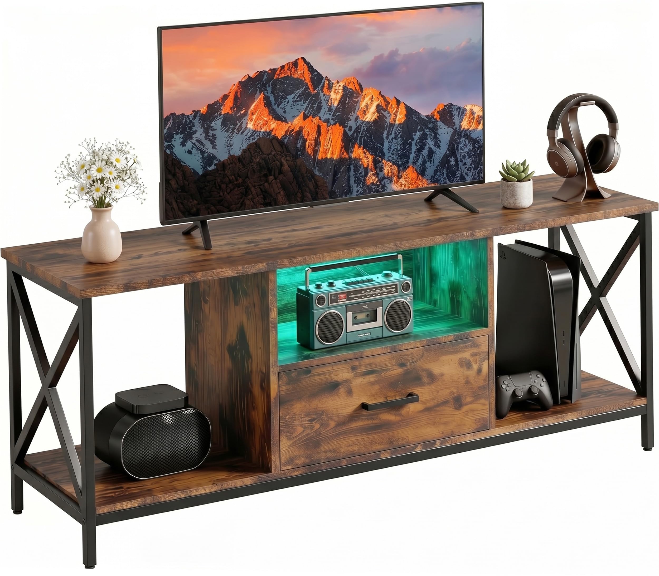 Blisswood TV Unit, 140cm Large LED TV Stand with RGB Lights, Rustic Wooden Media Console for 55โ65 Inch TVs, Industrial Entertainment Centre with Drawer & Open Shelf, Metal Frame Living Room Furniture