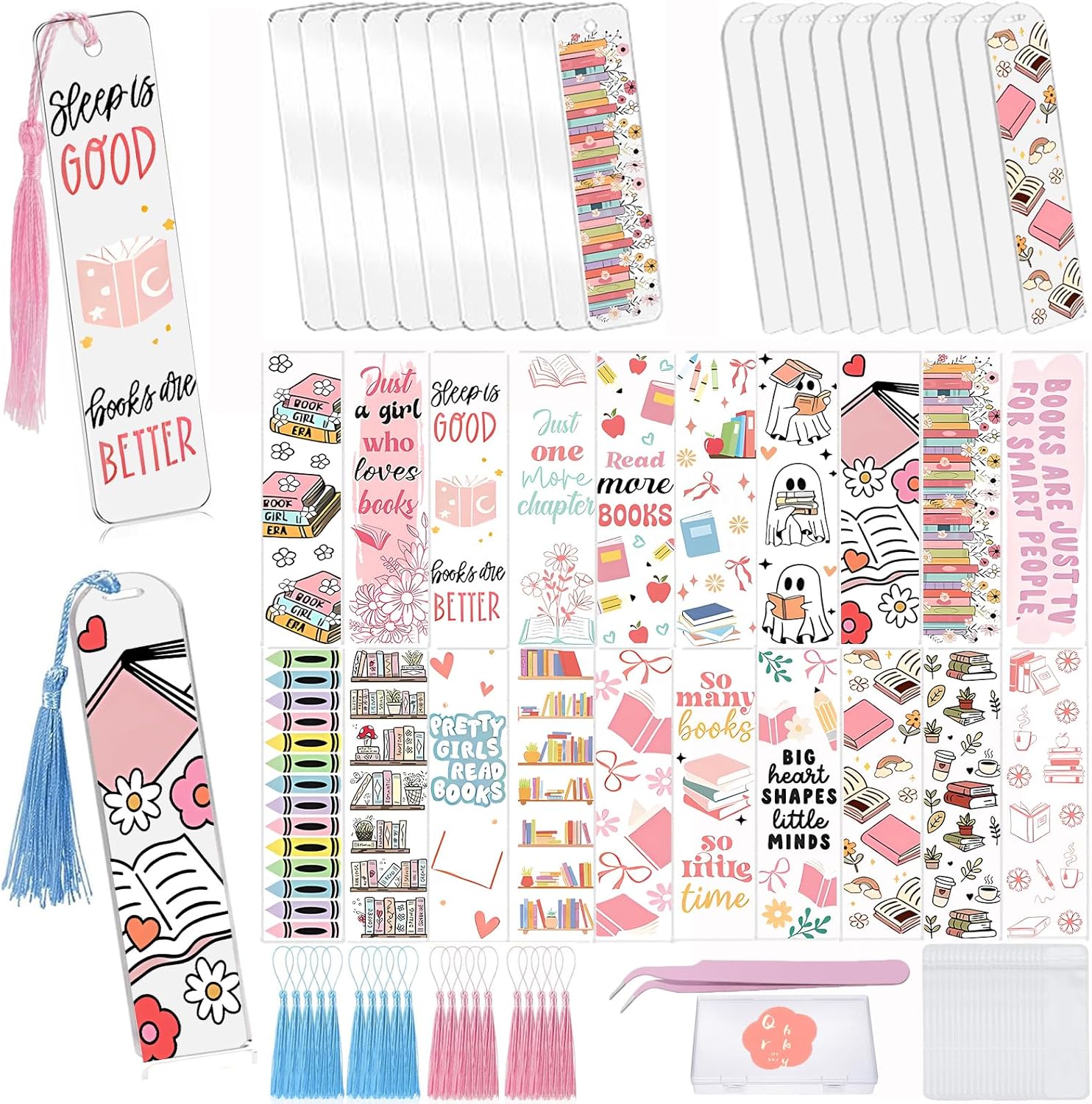 81 PCS DIY Bookmark Making Kit with 20 PCS Clear Acrylic Bookmarks, 20 PCS Tassels, 20 Book Lover UV DTF Wraps Stickers, Acrylic Book Mark Blanks for Crafts, Tags & Gifts