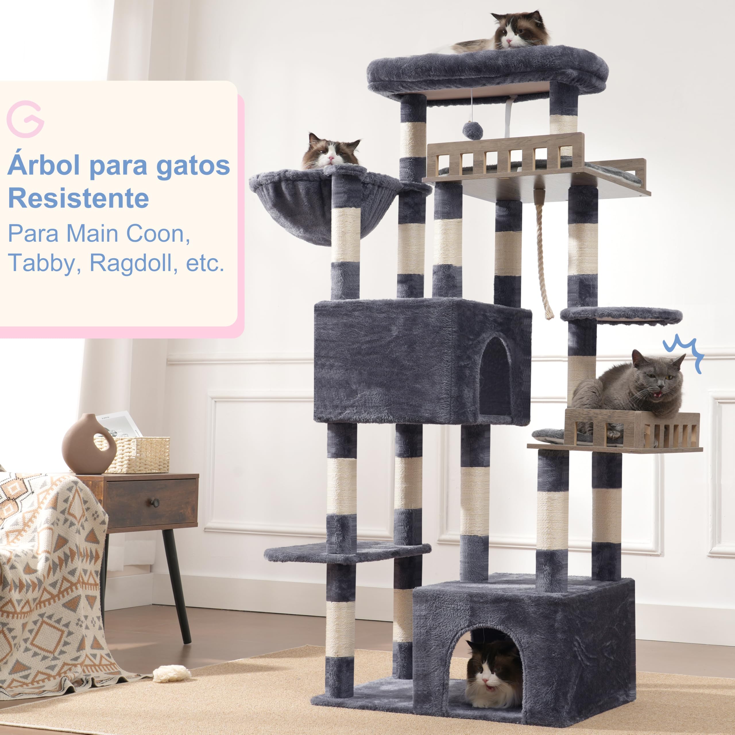 Gitelsnour rascador para Gatos Grandes, árbol para Gatos de 174 cm de Altura, con 2 Plataformas Colgantes Grandes, 2 Casitas para Gatos de Interior, 15 rascadores, Gris Ahumado GCT033G