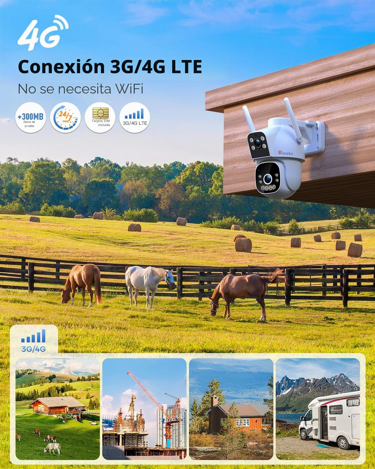 Ctronics 4G LTE Camara Vigilancia Exterior【Vinculación de Doble Lente】 Camara Vigilancia Tarjeta Sim Detección Humana, Visión Nocturna Colorida, Camara con SIM, PC/24 * 7/IP66 | Vinculación de Doble Lente, Detección Humana, Visión Nocturna Colorida, PC/24