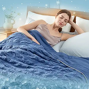 Cozy Bliss Cooling Comforter Seersucker Plaid Twin, Q-Max 0.4 Reversible Lightweight Cooling Blanket, Breathable Silk Smooth Summer Bedding Quilt for Hot Sleepers Night Sweats Denim Blue