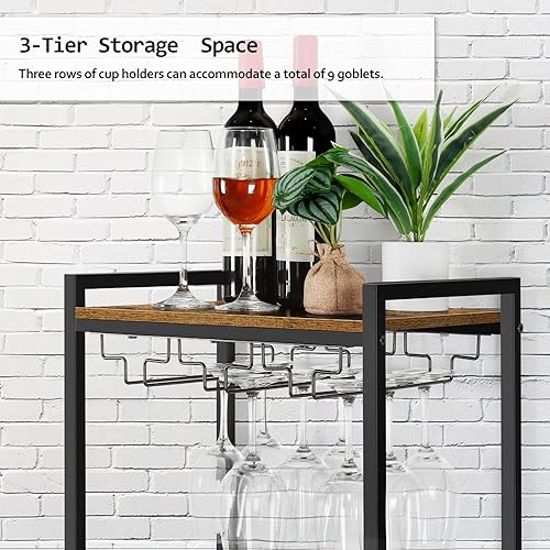 Miniatura 4 de Carrito de bar para el hogar, mini carrito de servicio de 3 niveles con ruedas, carrito de vino rodante con estante de almacenamiento y soporte de