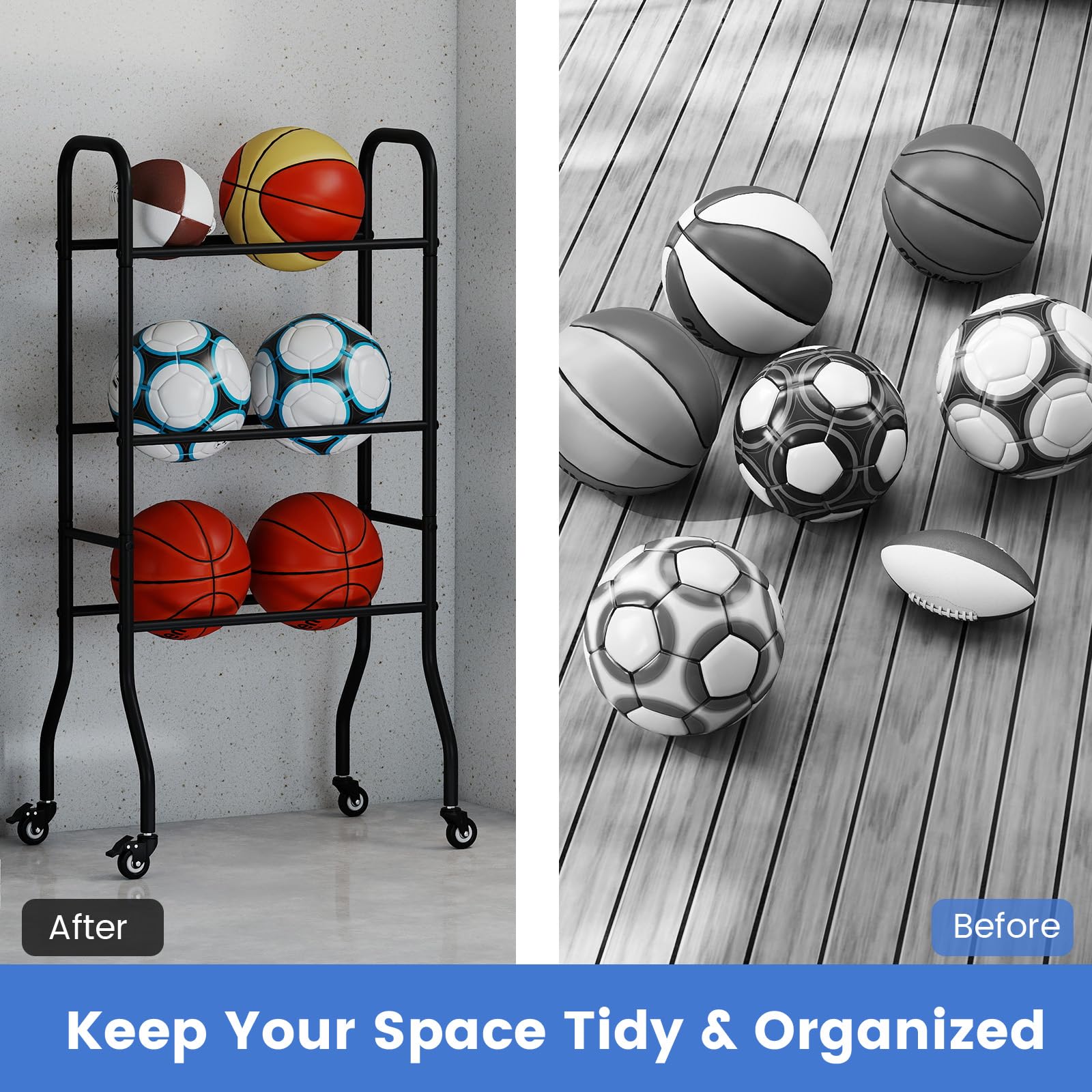 LIFEZEAL Soporte para balones de baloncesto, fútbol, voleibol, baloncesto, con ruedas, estante de 3 niveles para herramientas deportivas, estante de almacenamiento, soporte para gimnasio, casa, garaje