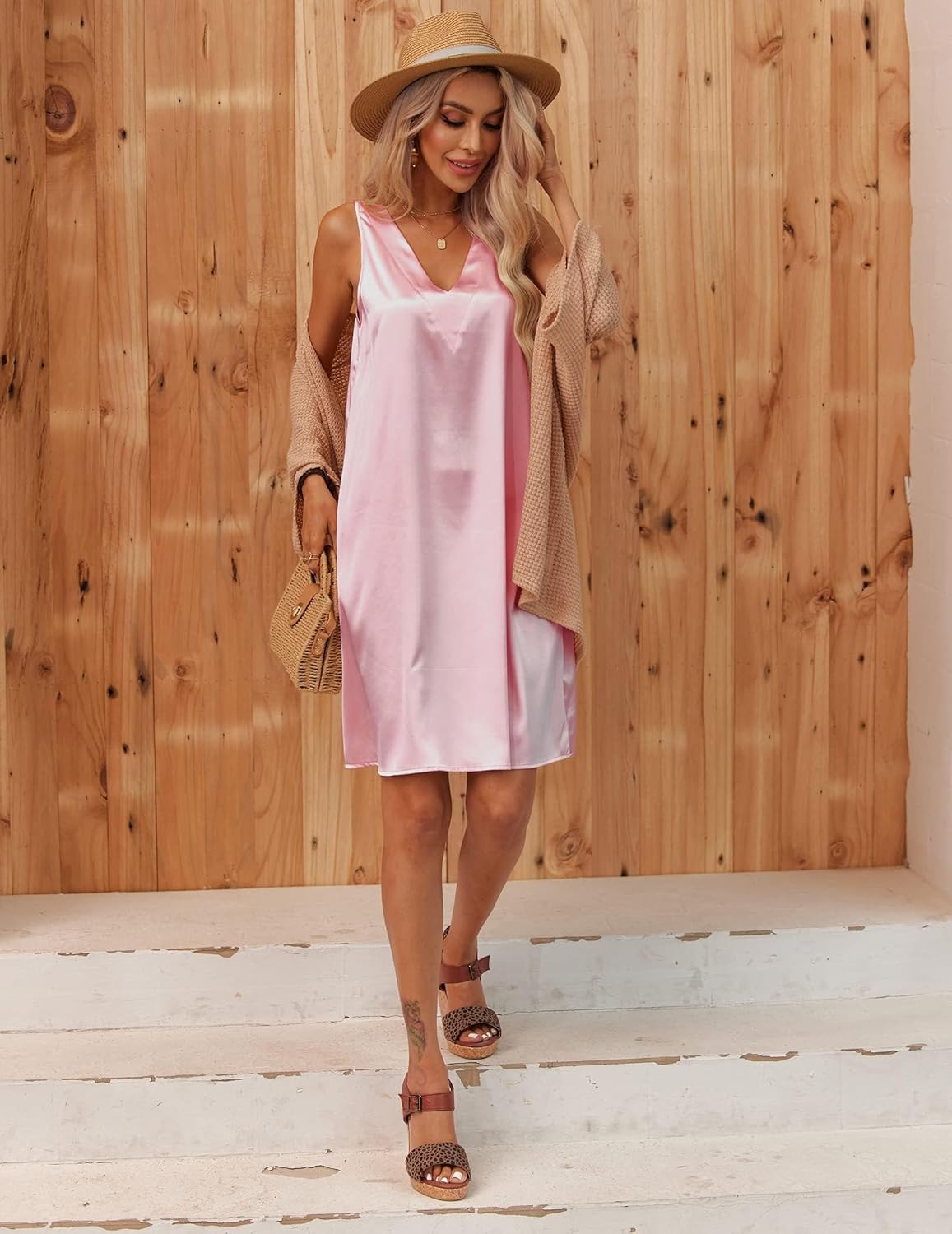 Ekouaer Women's Satin Silk Nightgown V Neck Nightie Tank Sleepshirt Sleeveless Summer Dress Comfy Loungewear - Image 4