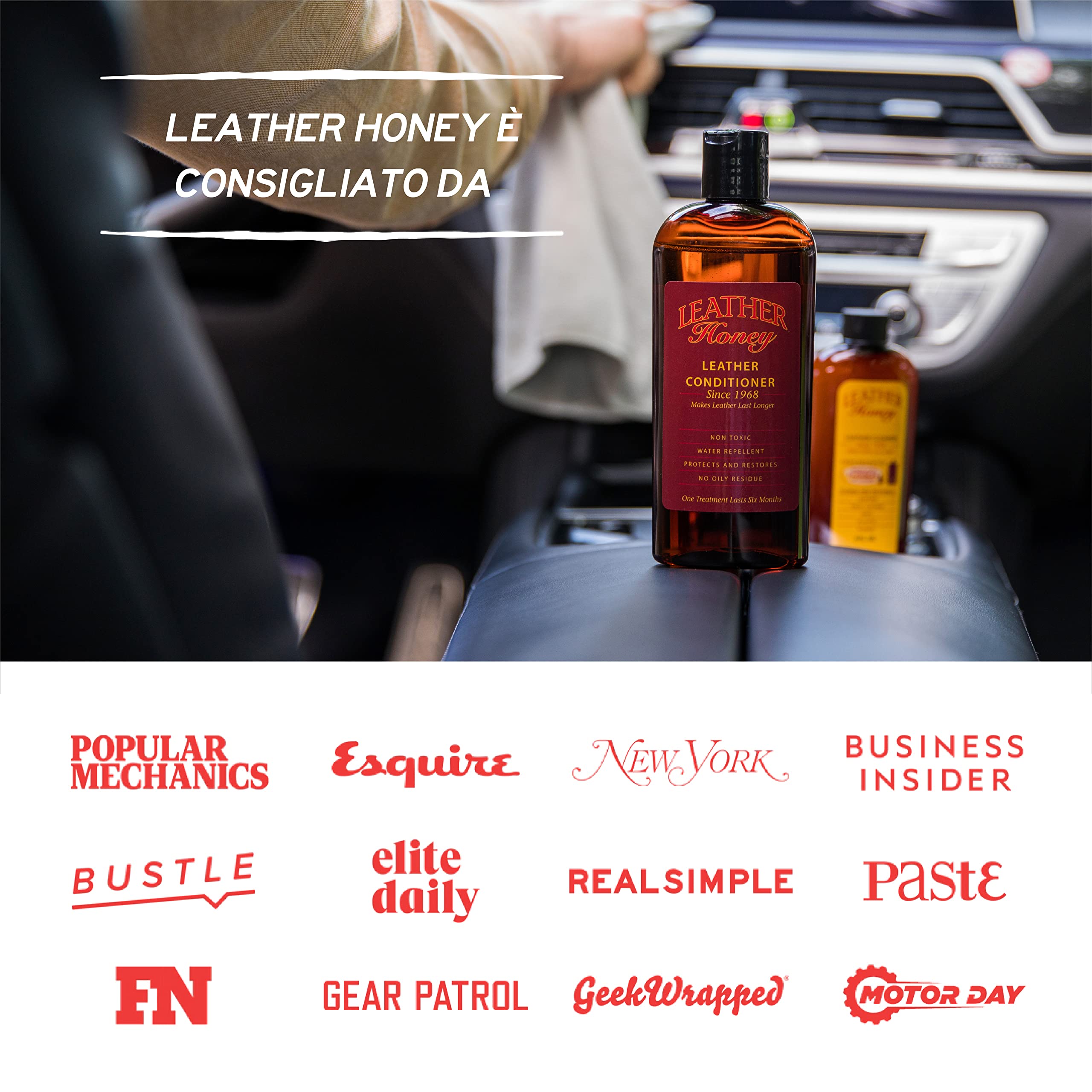LEATHER Honey Detergente Pelle, Pulitore di qualità Superiore per Abbigliamento, Mobili, Interni Auto, Scarpe e Accessori in Pelle e Vinile, Non Serve Diluire, Pronto all'Uso, Flacone 236 ml