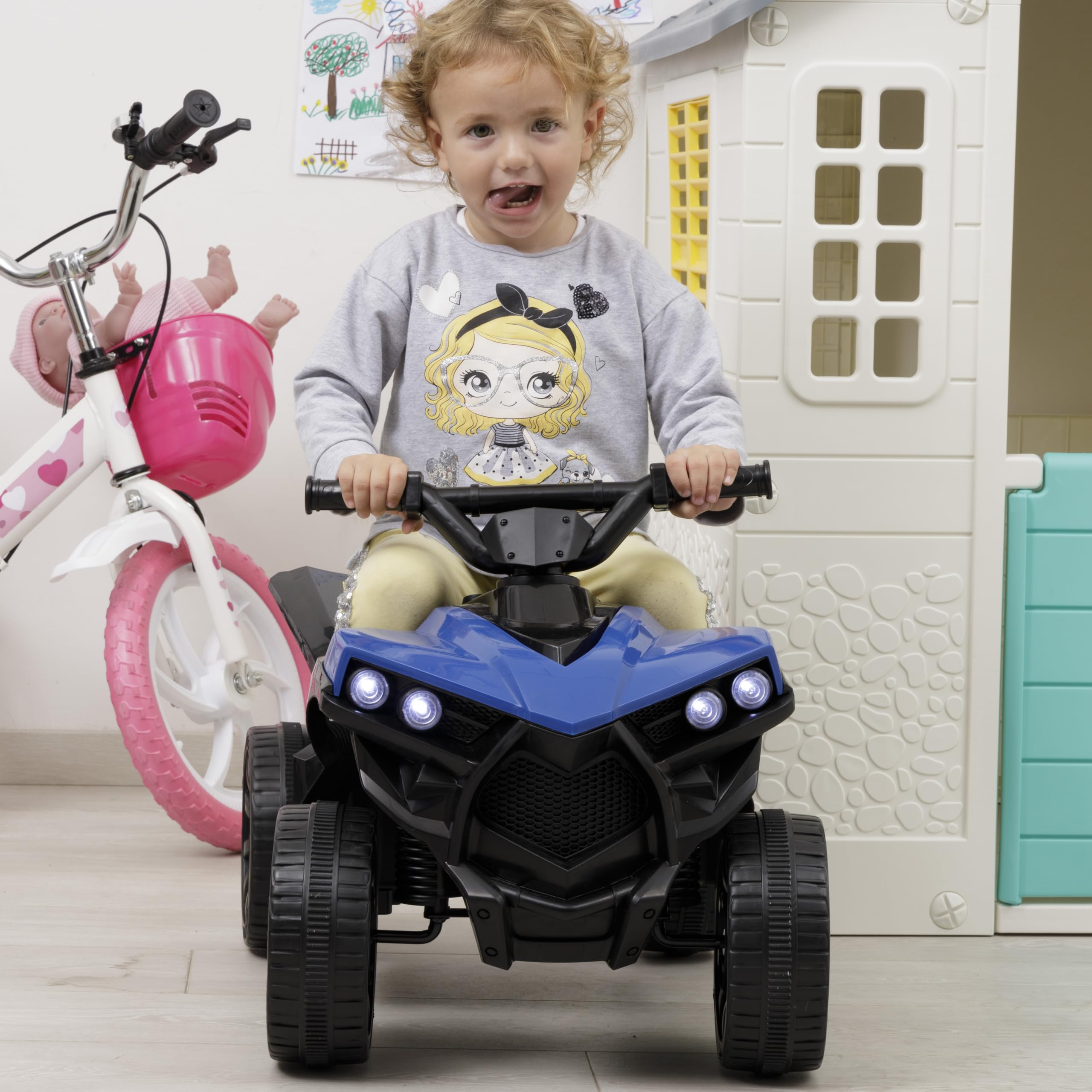Baroni Toys Quad Elettrico per Bambini 1-4 Anni con Manubrio Sterzante, Musica e Luci Funzionanti, Quad con Modalità Avanti/Retro, Batteria 6 V Ricaricabile, Facile da Montare, 70x42x45 cm, Blu