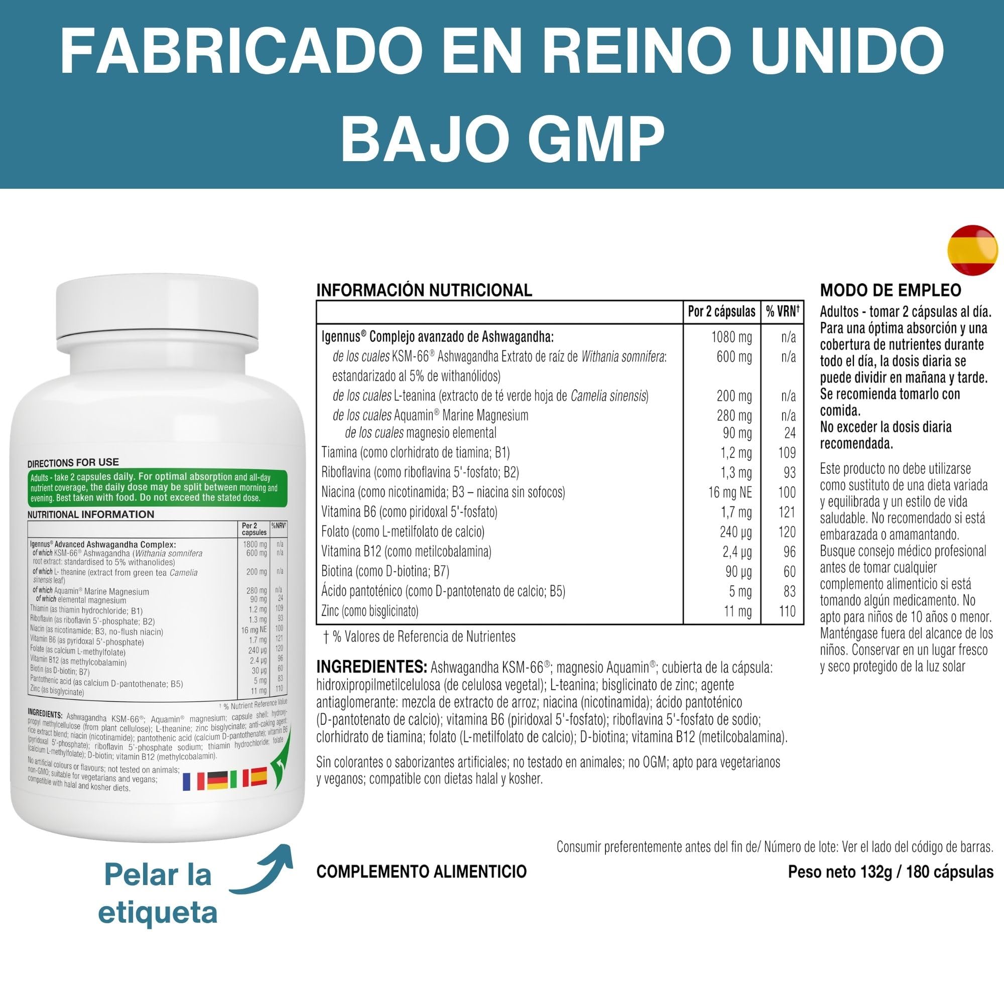 Igennus Ashwagandha Avanzada KSM-66 Complejo Para el Estrés 600 mg con L-Teanina y Magnesio, Vitaminas B y Zinc, Etiqueta Limpia, Extracto de Raíz únicamente, 5% de Withanólidos, Vegano, 90 Dosis