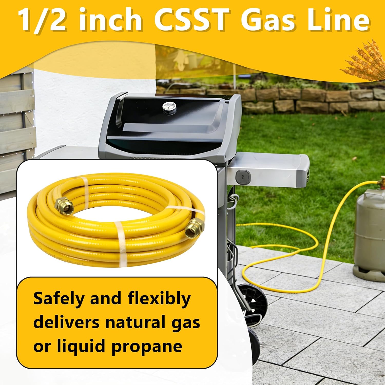 40FT 1/2 Inch CSST Flexible Gas Line | Corrugated Stainless Steel Tubing Natural Gas Hose with 2 Male | Fittings for Dryer Stove Heater Gas Propane