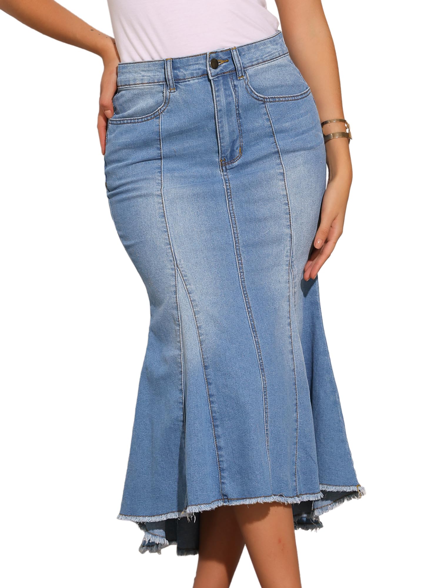Allegra K Donna Gonna Denim a Vita Alta Midi a Coda di Pesce Lavata | Orlo Grezzo Asimmetrico Dettaglio Cuciture con Tasche Abbigliamento Casual Western Stretch