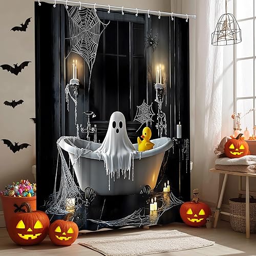 Miniatura 2 de Cortina de ducha de fantasma de Halloween, bañera de terror espeluznante, ventana gótica, telaraña, noche aterradora, decoración de baño, cortina de