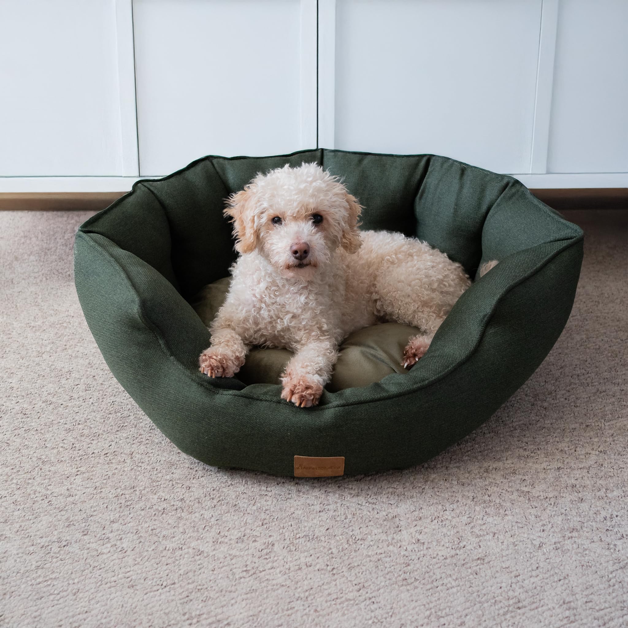 allpetsolutions Alfie Premium Luxury Range Dog Bed - Warm, Fleece-Lined Machine Washable Dog Bed with Raised Rim - Extra Soft Reversible, Removable Pillow Cushion - Medium, Green — image 1