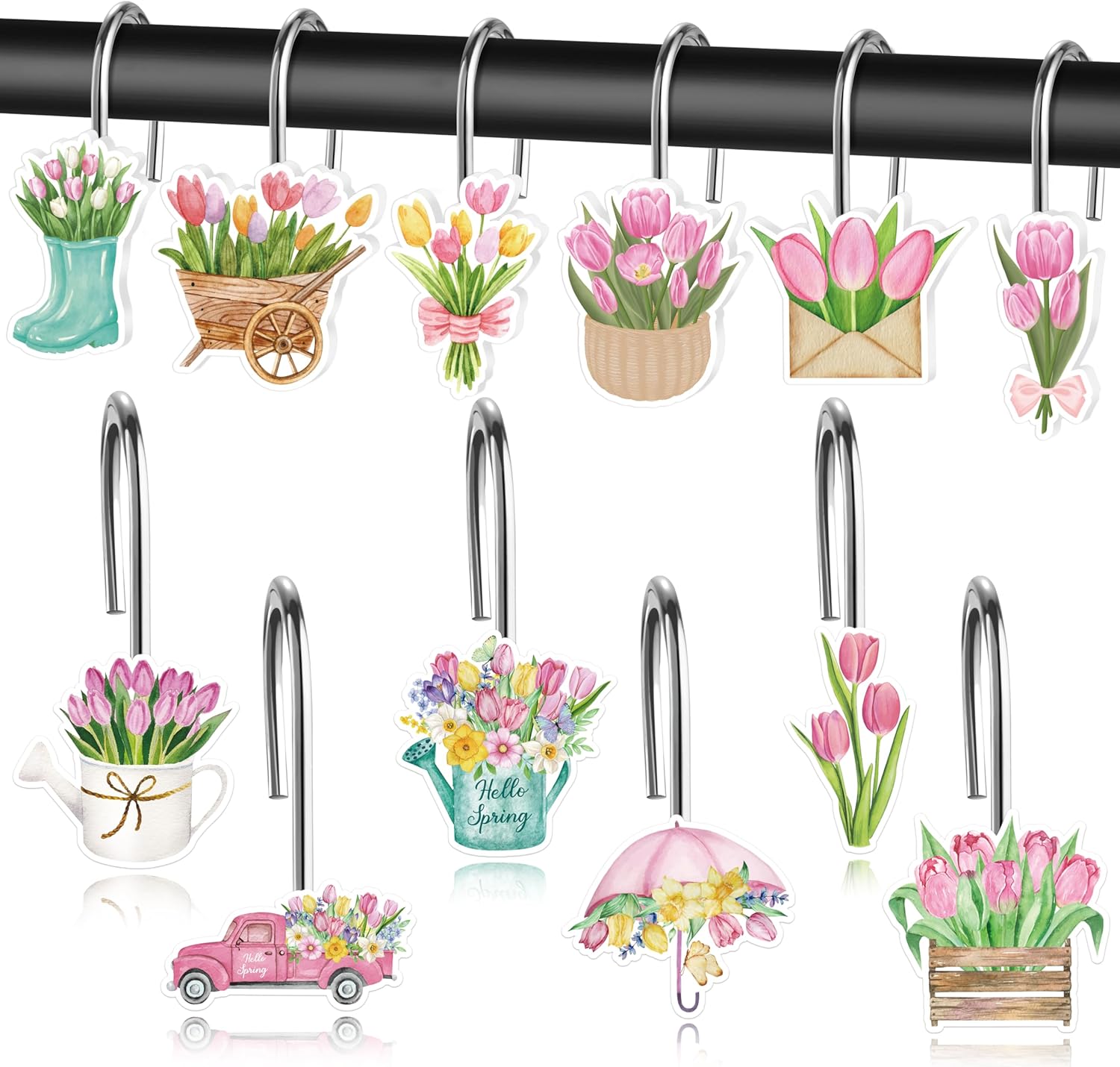 MALLMALL6 12Pcs Spring Tulip Flower Shower Curtain Hooks Floral Metal Rustproof Decorative Pendants for Bathroom Bedroom Room Home Decor Accessories with Watering Can Truck Stainless Curtain Rings