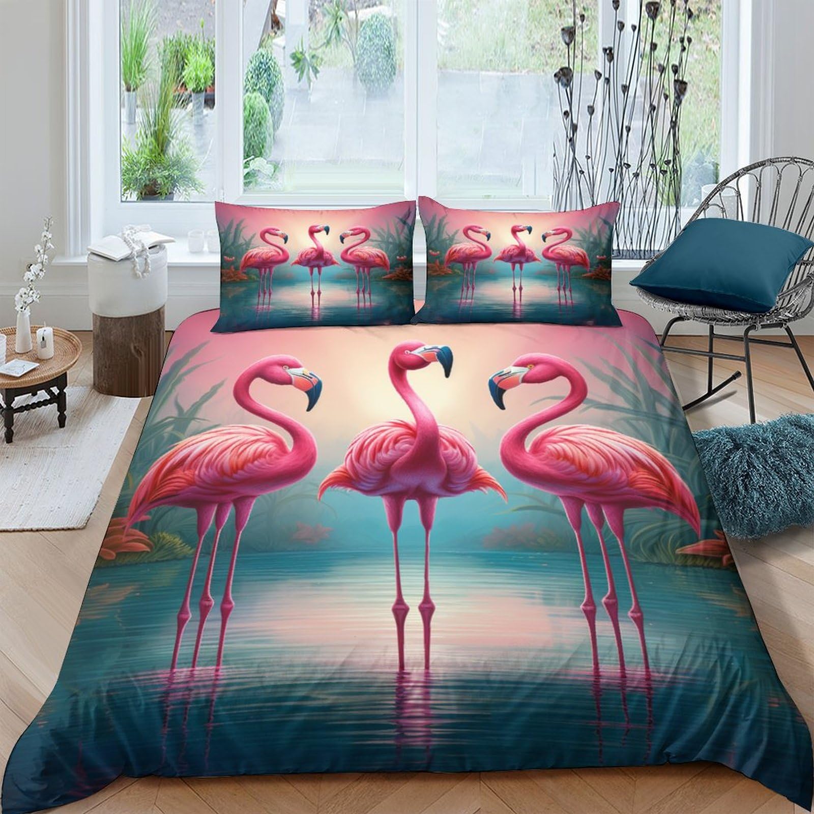 Housse de couette flamant rose 220x240 cm avec 2 taies d'oreiller
