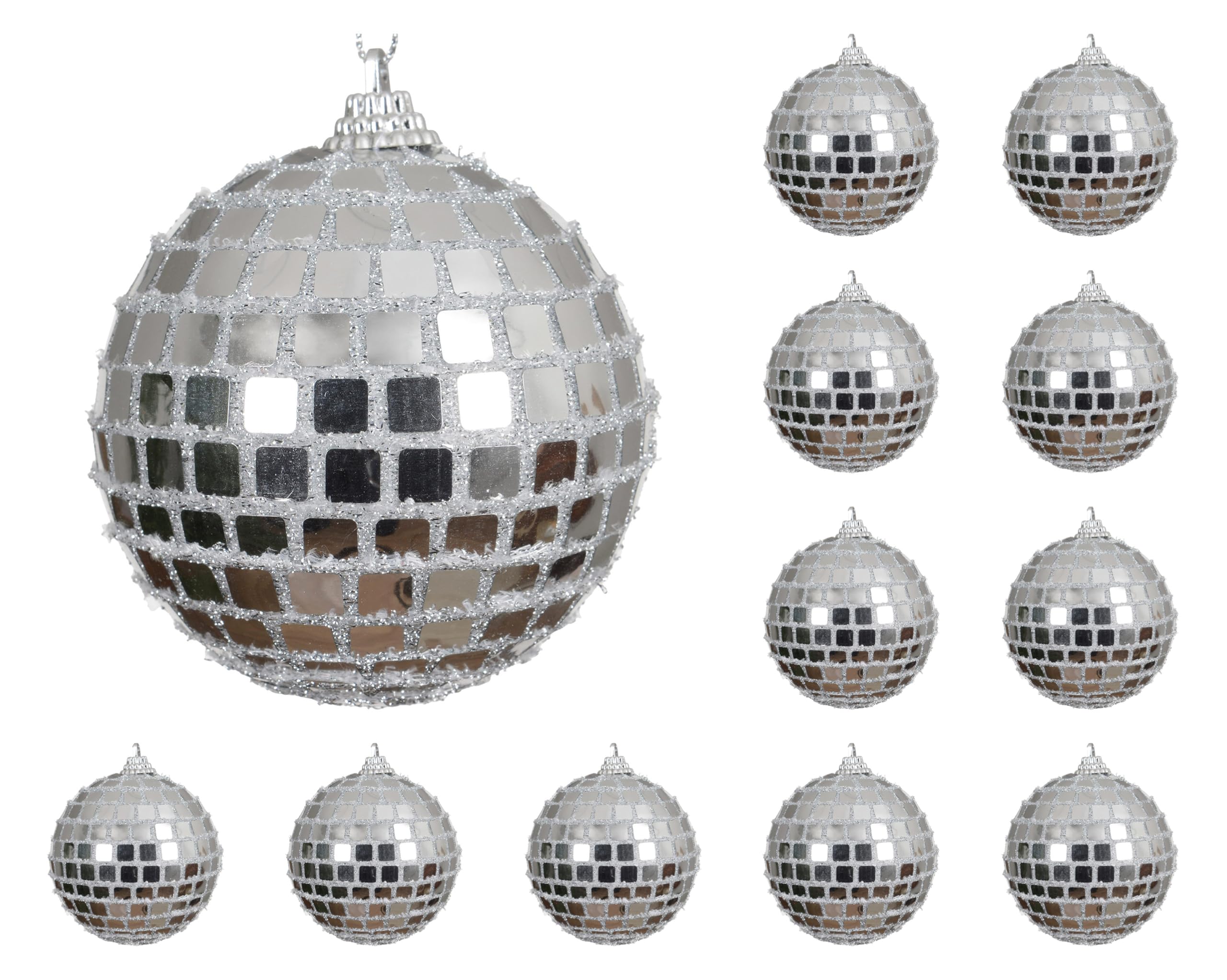 Boules de Noël incassables argentées en lot de 12 avec un effet miroir facettes de 8 cm