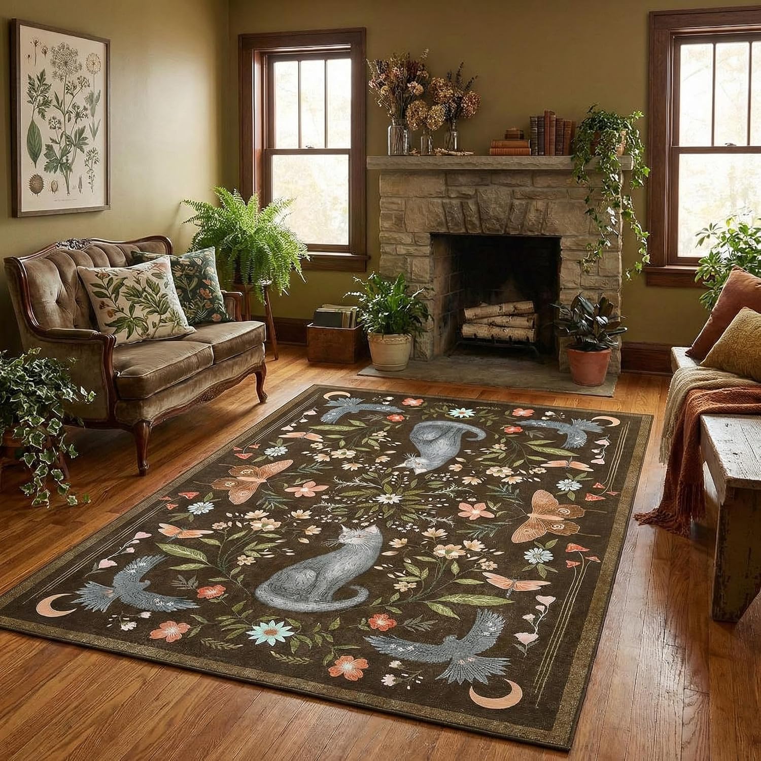 FairyStyle Cat Area Rug 160x230 cm, Animal Print Washable Rugs for Living Room, Low Pile Non Slip Floor Mat Soft Floral Throw Rug Indoor Carpet for Bedroom Dorm Playroom Gothic Decor, Dark Brown