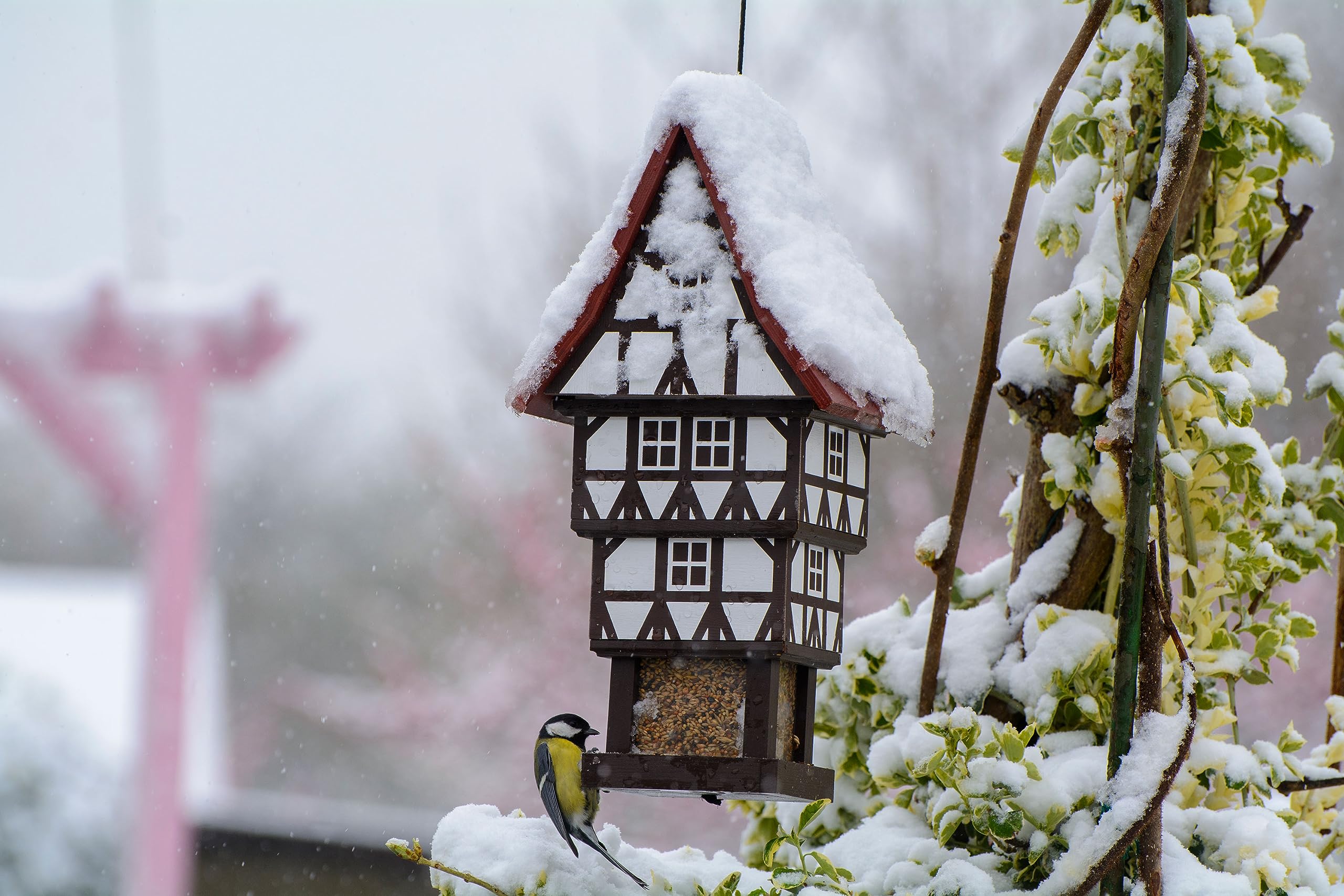 dobar® Design Vogelfutterhaus Zuckerhut zum Aufhängen mit großem Futtersilo, wetterfest - Vogelhaus im Fachwerkstil - 20 x 18 x 41 cm - Weiß/Braun/Rot