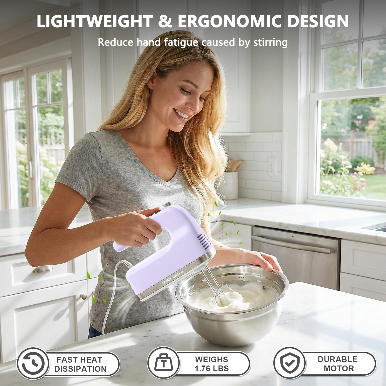 Lord Eagle Sbattitore manuale digitale a 9 velocità, motore da 500 W CC, miscelatore da cucina per cuocere torte, frusta per uova leggero, con custodia antimacchia e impermeabile e 6 accessori, viola