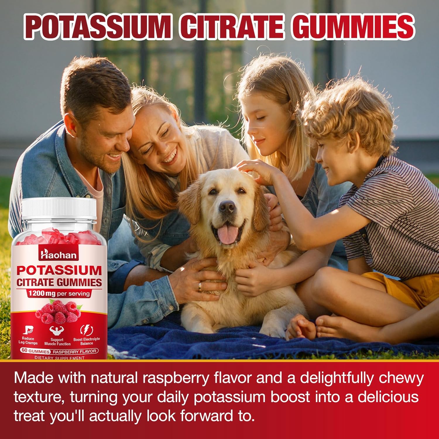 Potassium Citrate 1200mg Gummies - Chewable Supplement to Support Muscle Health & Relieve Leg Cramps for Men & Women. Vegan, Gluten-Free, Sugar-Free, Raspberry Flavor, 120 Count