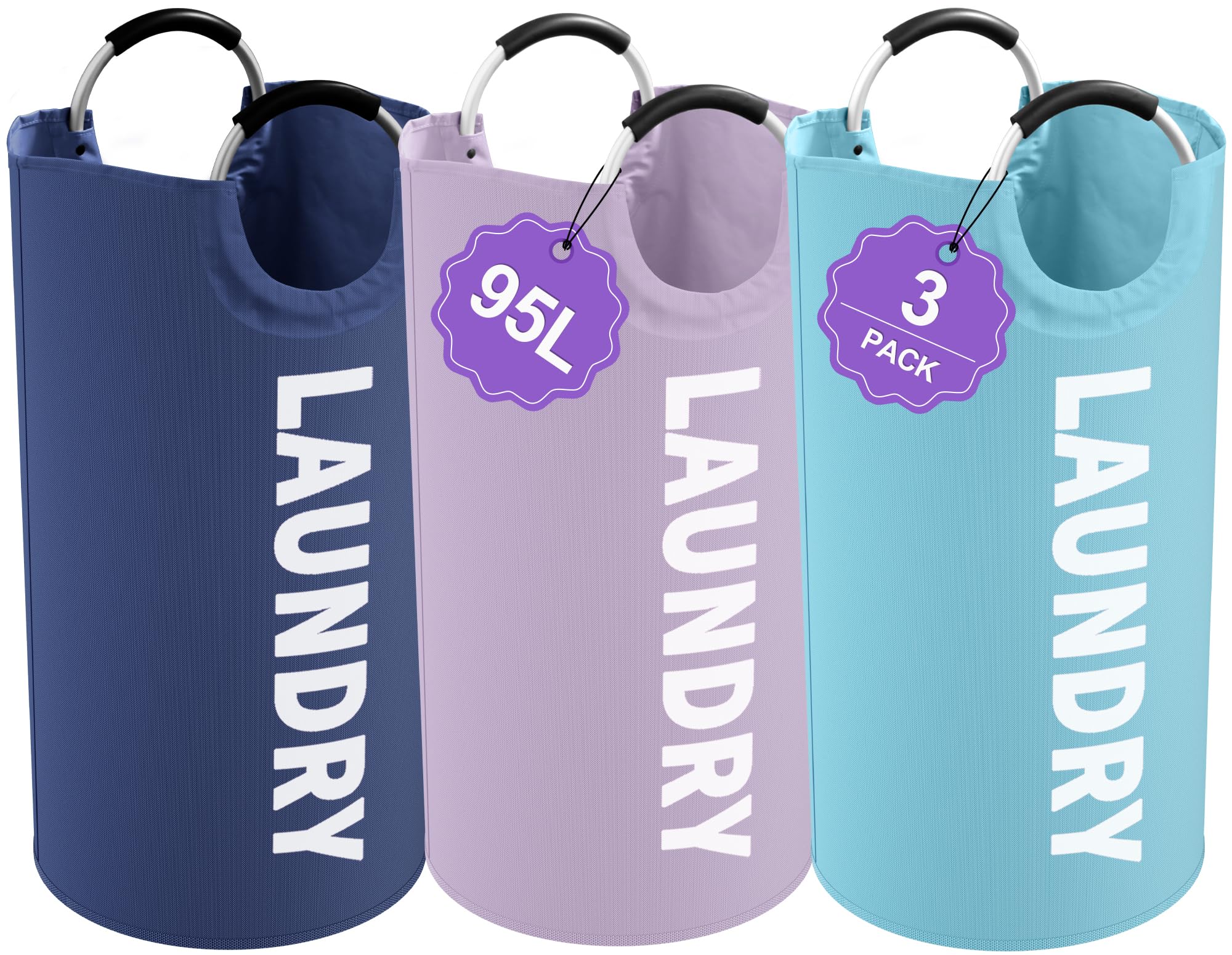 95L 3Pack Large Laundry Hamper, Foldable Laundry Basket with Handles, Dirty Clothes Basket in 600D Oxford Fabric, Clothes Hampers for Bedroom, Living Room, Bathroom, Purple + Navy Blue + Blue