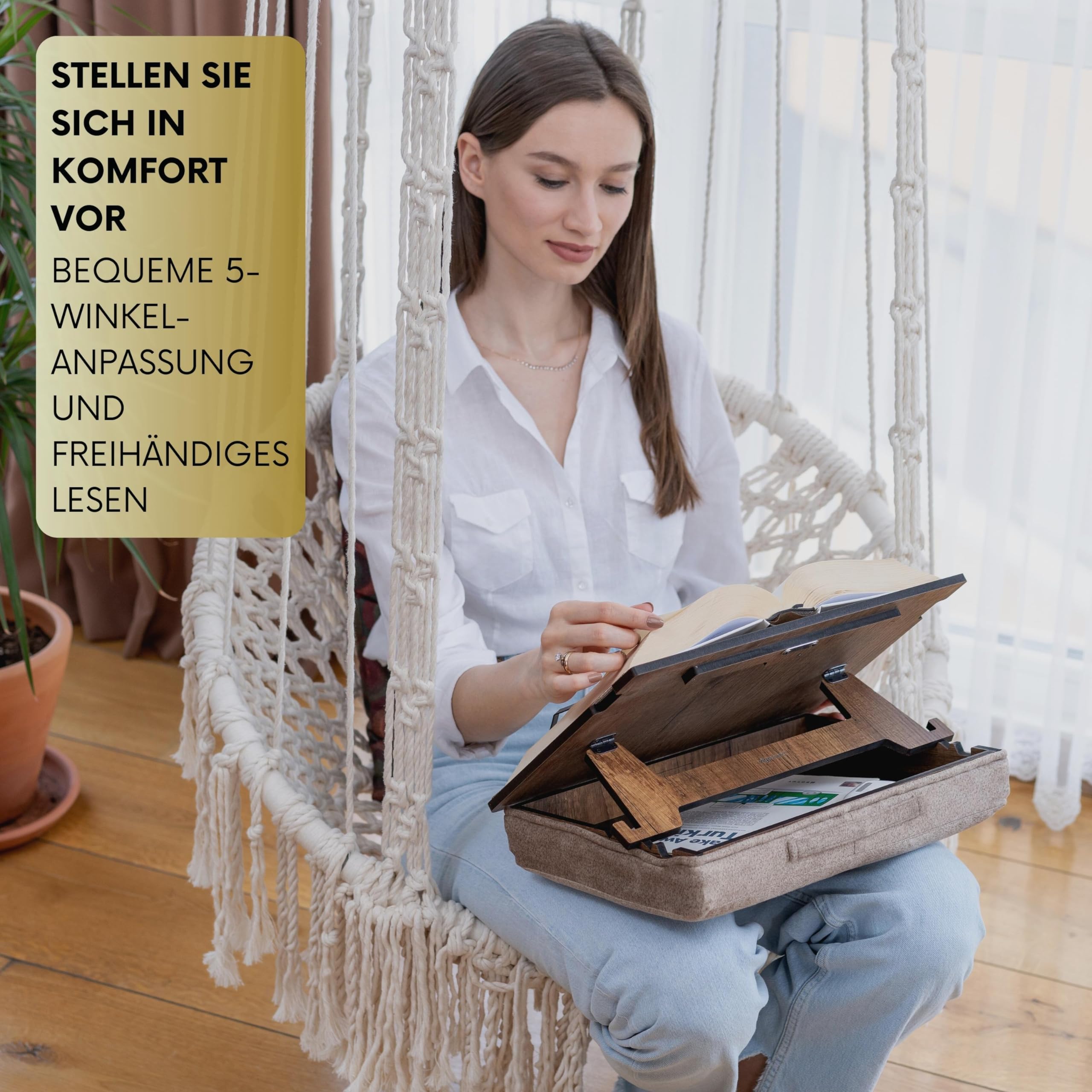 Vigo Wood Buchständer mit Stauraum, Buchhalter, Leseständer, Kochbuchhalter, Rezeptbuch Ständer, Holz Buchstützen zum Lesen, Kochbuchständer für die Küche, Buchhalter zum Lesen im Bett (Walnuss)