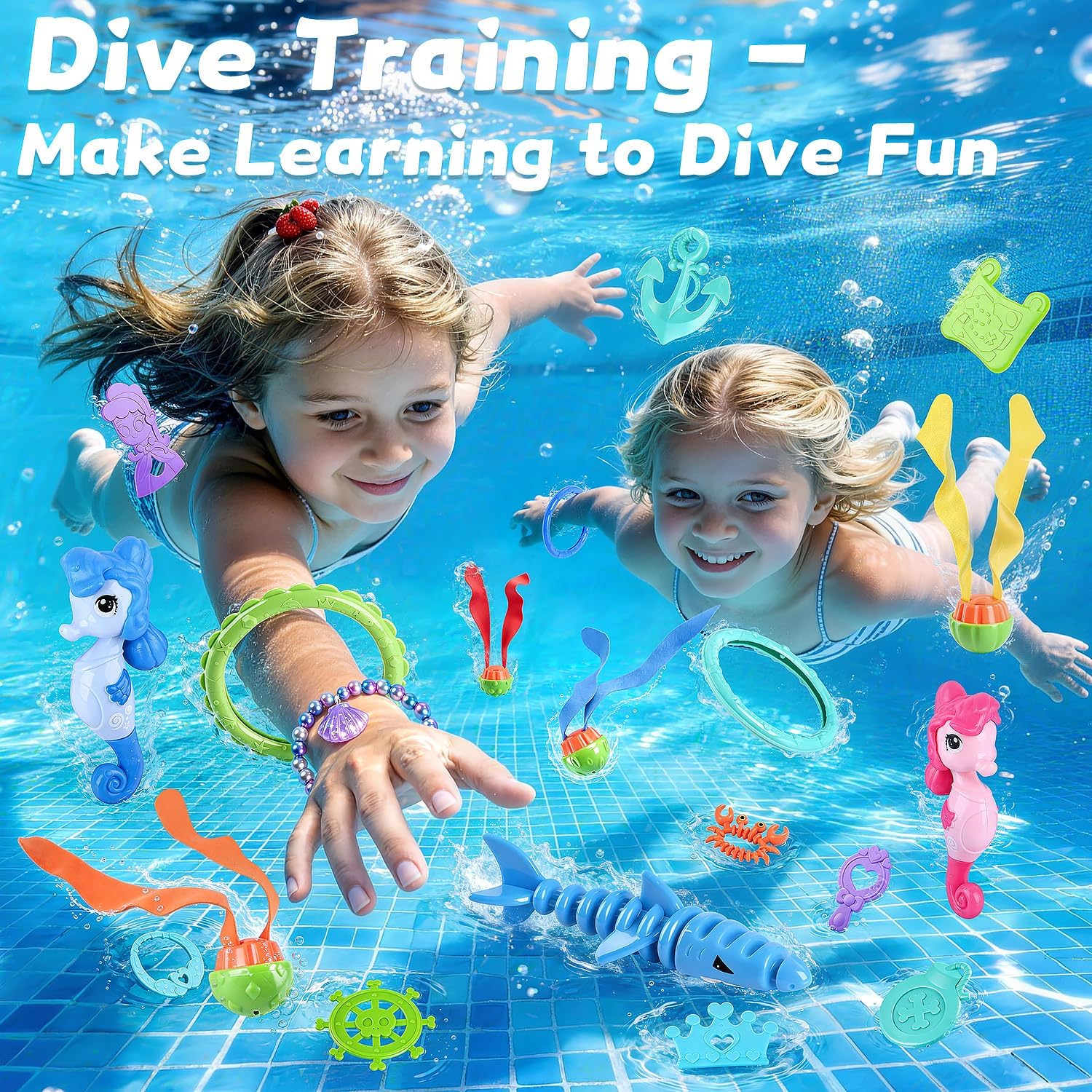 WeeHomm Diving Gems Pool Toys - Dive Toys for Kids with 8 Big Gems, Torpedo Shark, Dive Rings, Pirate Treasure Chest Gemstone Swim Training Gift for Boys Girls Ages 6+, 34 Pack, Brown