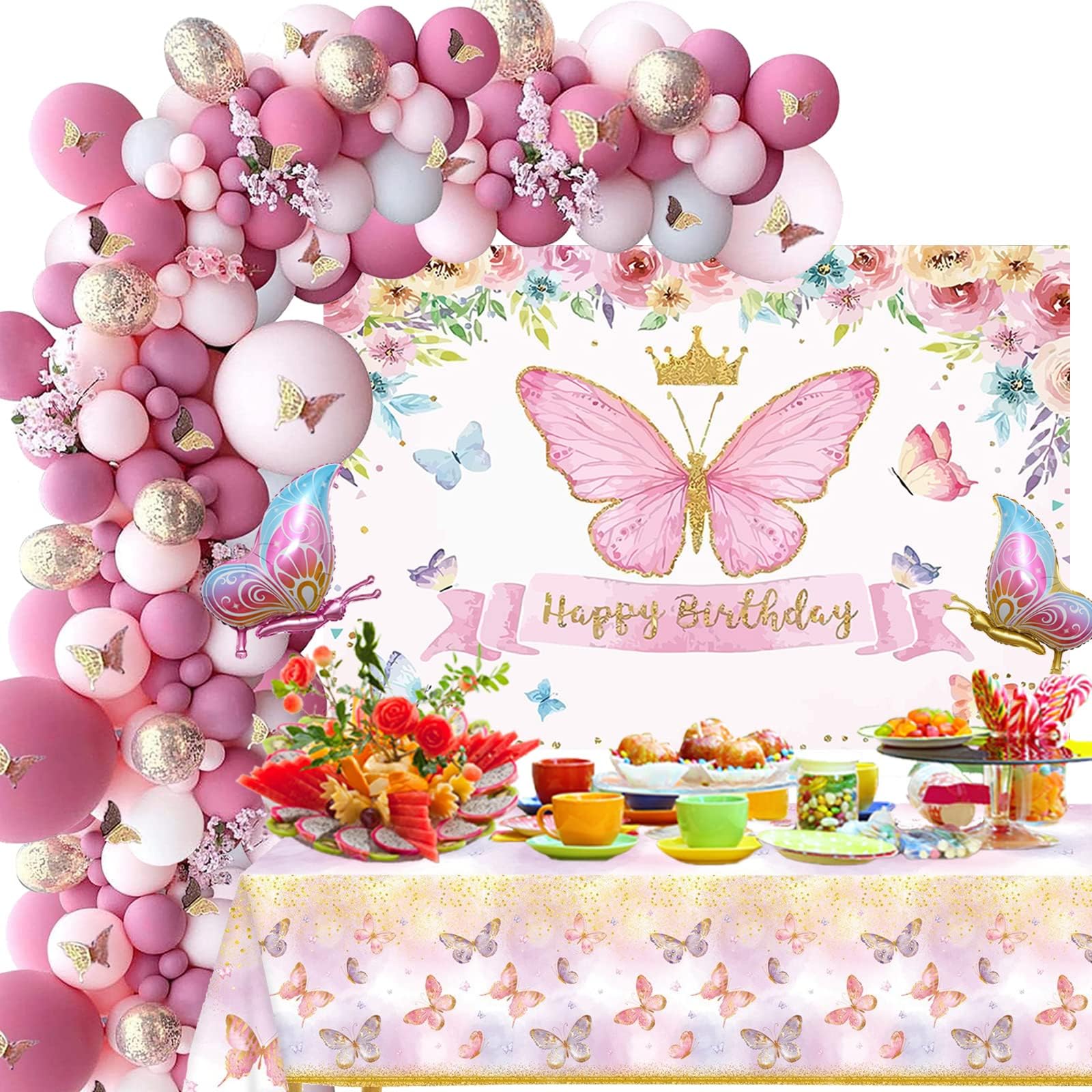Butterfly Birthday Party Decorations Girls - 133PCS Butterfly Party Supplies, Balloon Arch/ Garland Kit, Butterfly Backdrop, Tablecloth, Latex Balloons, Butterfly Balloons, 3D Butterfly Wall Decors