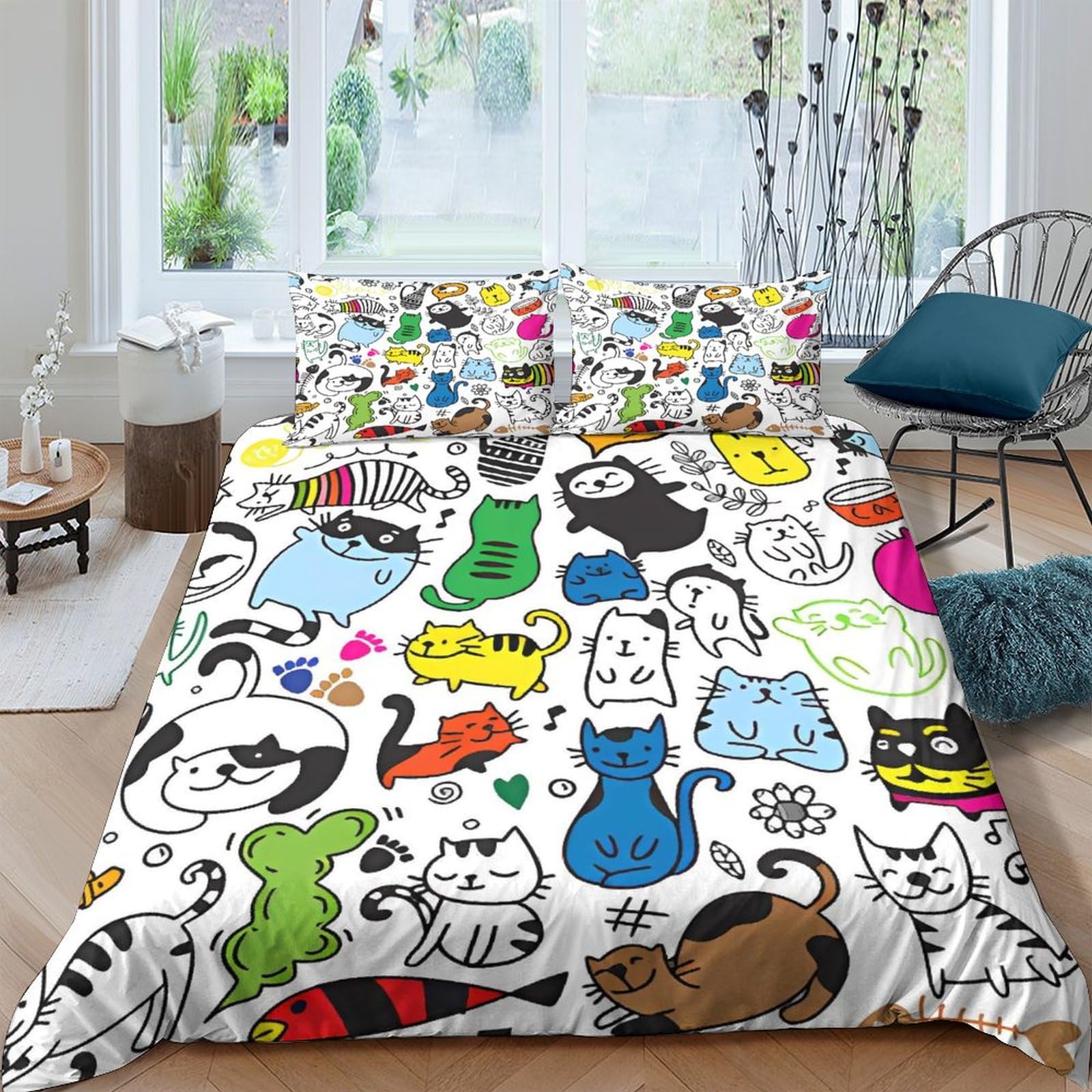 Housse de couette chat tigré en microfibre 200x200 cm avec taies d'oreiller