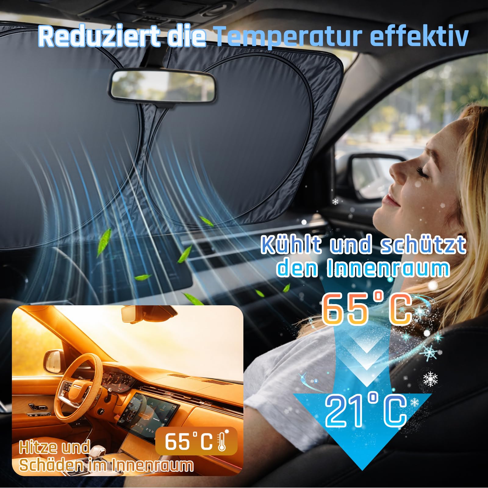Enerfero Parasol Coche Delantero，Parasol Luna de Coche Metalizado Cortina Reflectante para Vehículo Protección Rayos UV Parabrisas, Protector Solar Camionetas, Todoterrenos, Furgonetas (140x70cm) — view 6