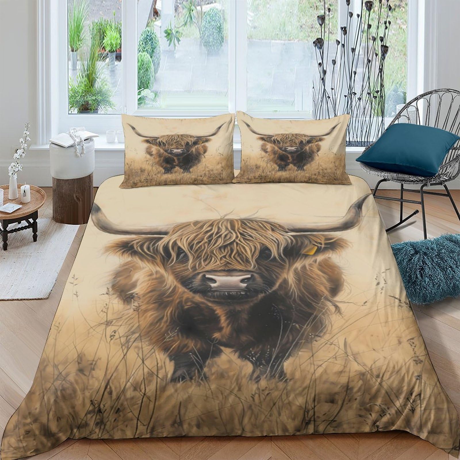 TUFRTGYHN 3D Printed Highland Cow Duvet Cover Microfiber Soft Breathable Farm Animal Bedding Set with 2 Pillowcases for Bedroom Decor Single（135x200cm）